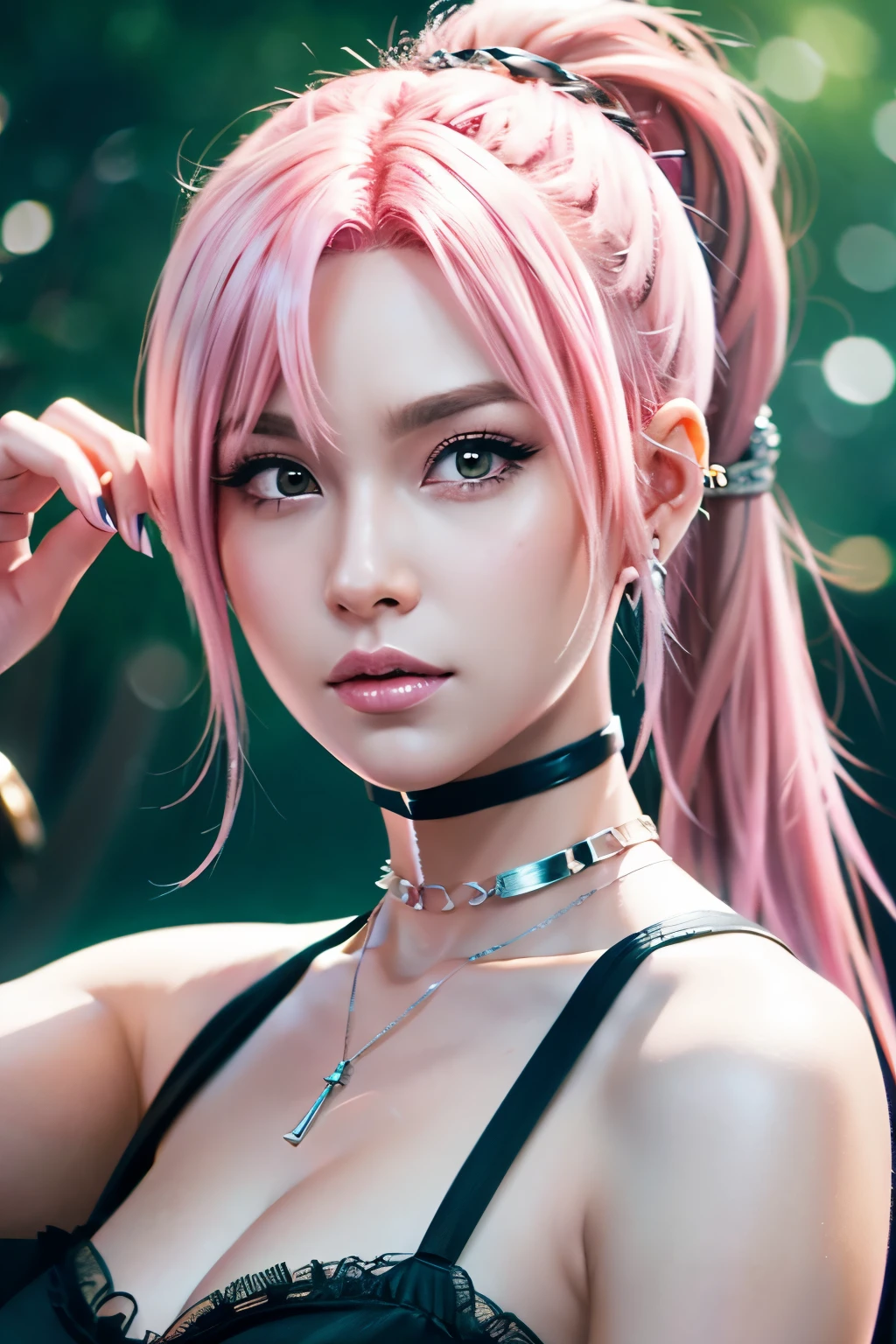 8k,4k,high resolution,high quality,Illust,girl,pierce,choker,Silver Ring,Knife 1.2,MONSTER HUNTER,pinkhair,ponytail,Japanese,Chubby,Plump,tall,High definition,Superdetail,It's in focus,