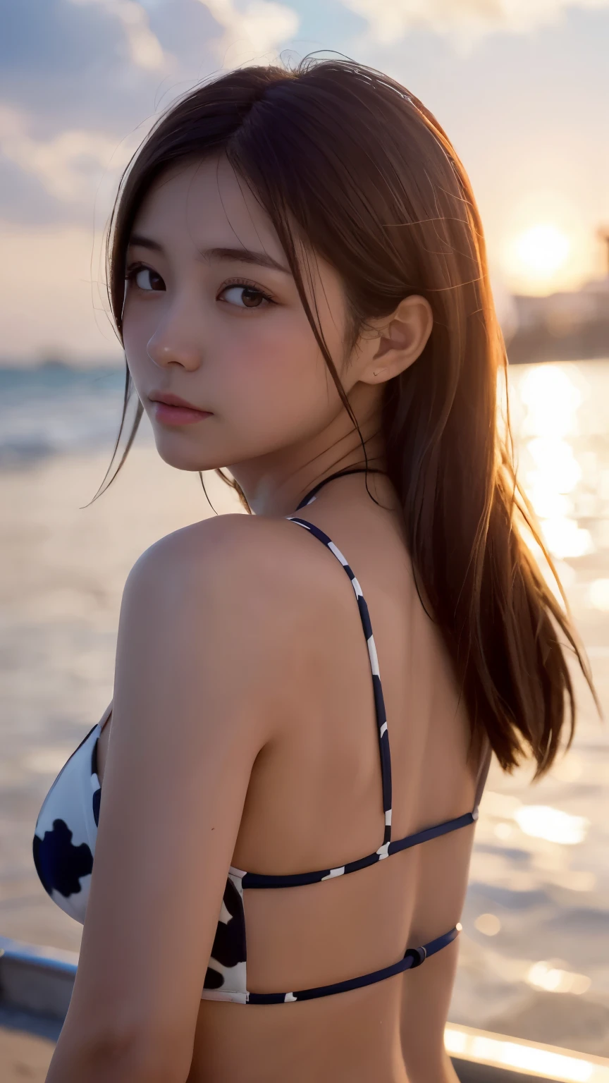 Masterpiece, 4K, bokeh, Photorealistic, high school girl Looking back on the beach , (Japanese idle:1.6), Lightbrown long hair, Light brown eyes, Plump , Looking at the viewer, Blushed face, Close up, (cow pattern ),  sunset seashore, Beautiful sky and clouds,