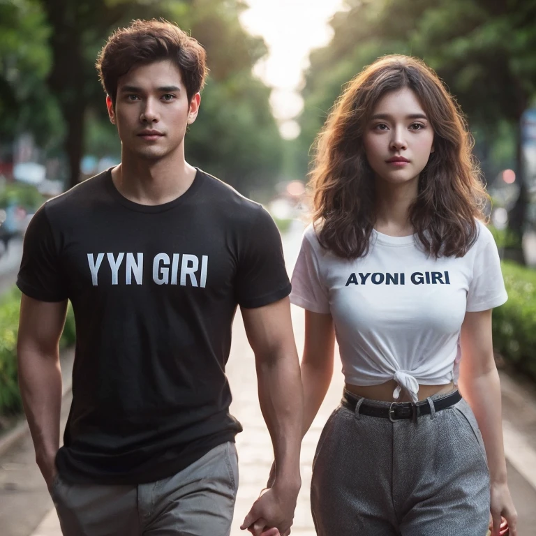 RAW, photorealistic. Two romantic couples, handsome Indonesian man, short hair, black t-shirt that says "WYN GIRI", beautiful Thai woman, wavy hair, white t-shirt that says, "AYUNI GIRI", pressed body trousers, walking forward, holding hands, very realistic , in a park area, in the city of Denpasar, intricate details, cinematic lighting, sharp focus.
