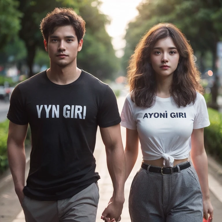 RAW, photorealistic. Two romantic couples, handsome Indonesian man, short hair, black t-shirt that says "WYN GIRI", beautiful Thai woman, wavy hair, white t-shirt that says, "AYUNI GIRI", pressed body trousers, walking forward, holding hands, very realistic , in a park area, in the city of Denpasar, intricate details, cinematic lighting, sharp focus.
