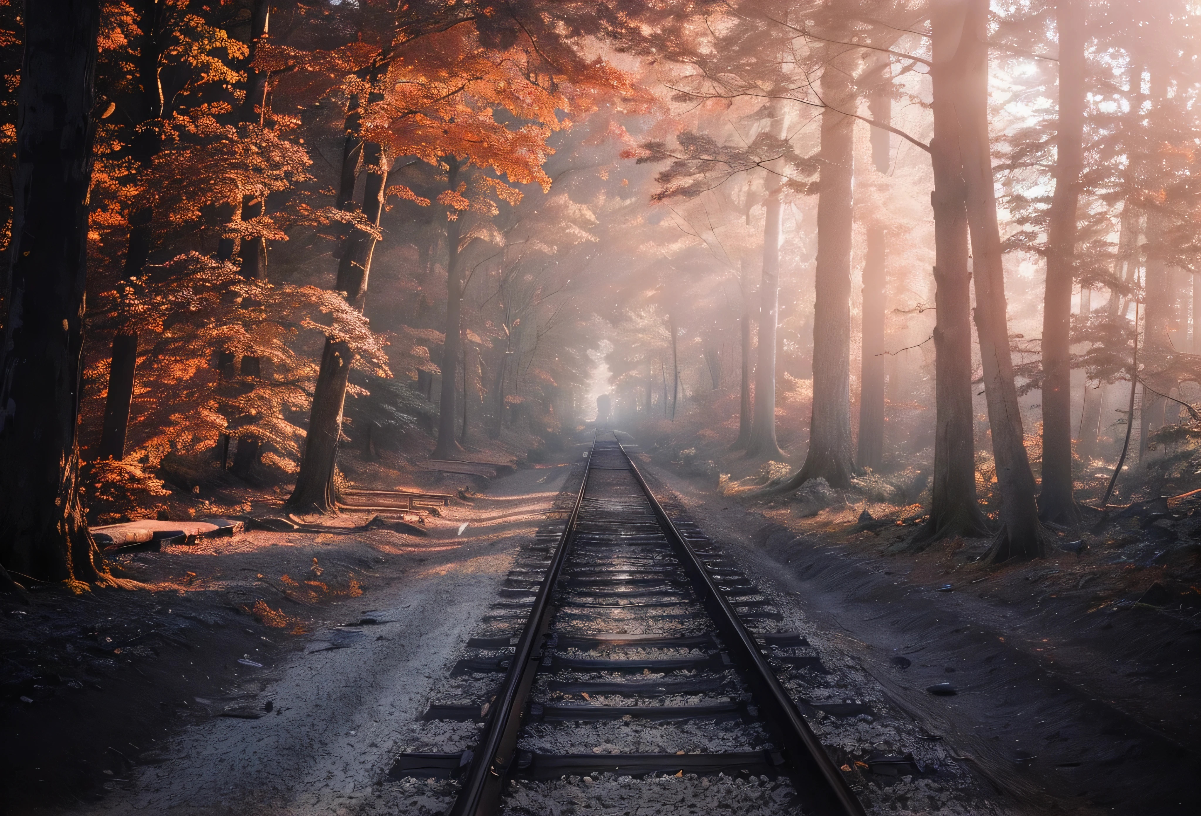 there is a train going down the tracks in the woods, railroad, magical forest backround, rails, railway tracks going through it, in the autumn forest, abandoned railroad, far away dreamy atmosphere, forest ray light, amazing depth, autumn sunrise warm light, surreal forest, magical forest in the background, in an evening autumn forest, autumn forest, forest in the morning light