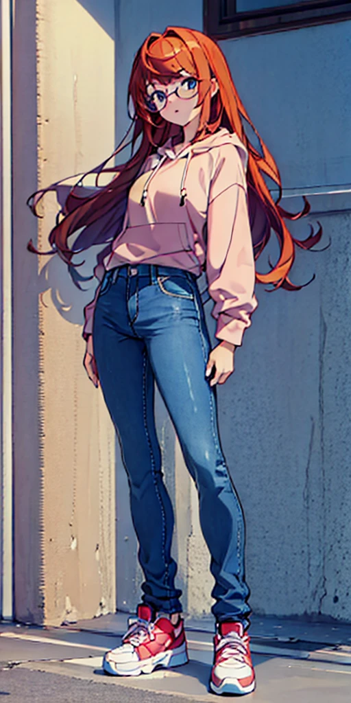 Masterpiece, Best Quality, 1girl, medium breast, long brown hair, orange red hair tips, swept bangs, brown eyes, beige hoodie, light blue jeans, light pink sneakers, glasses, full body