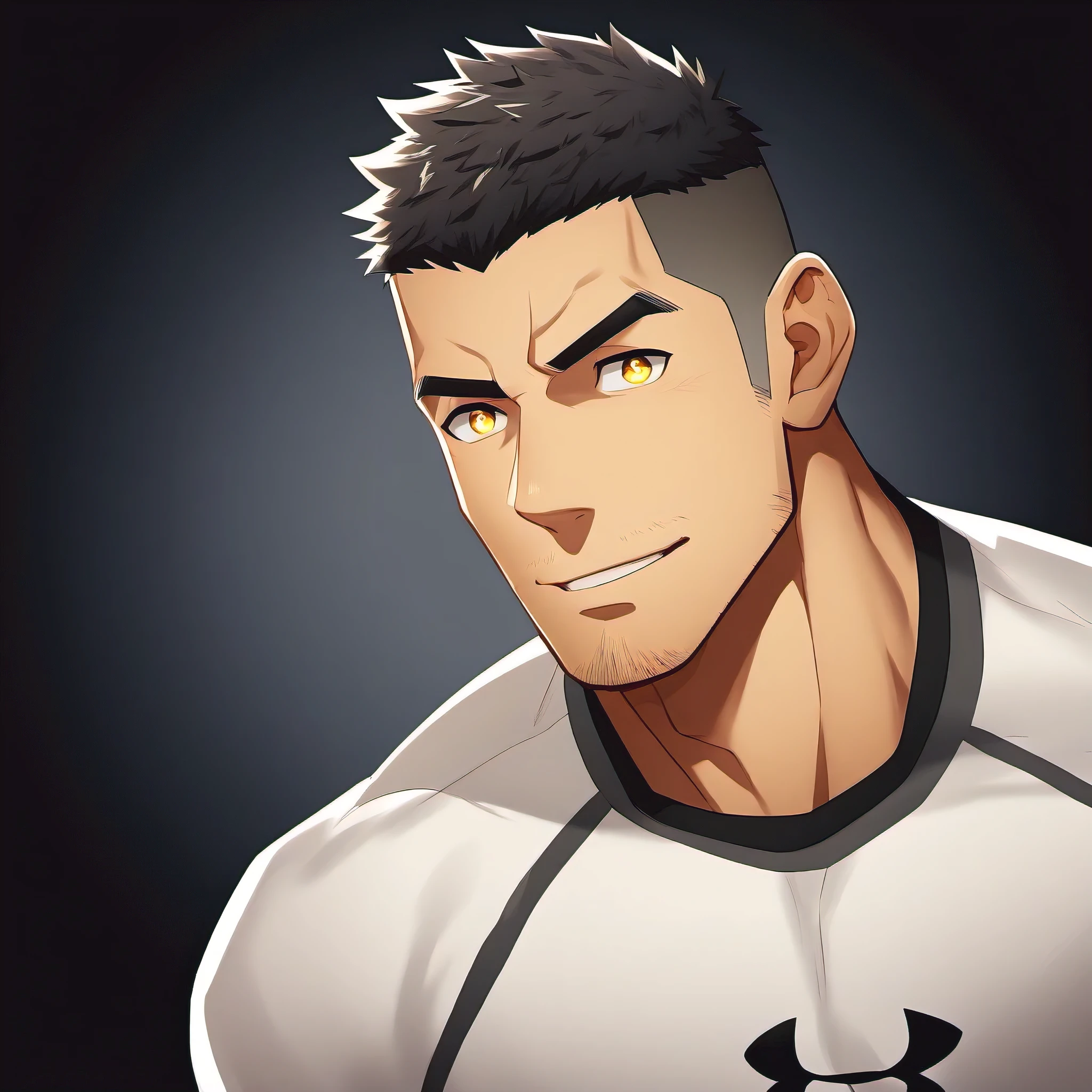 anime characters:Gyee, Fitness coach, 1 muscular tough guy, Manliness, male focus, Under Armour brand sports tight T-shirt, Yellow earth tights, Slightly transparent, muscular male, muscular, only, Upper body, alone, Black short hair, Thick eyebrows, stubble, Yellow eyes, Black background, simple background, amazing quality, best aesthetics, Ridiculous, bright pupils, crew cut, parted lips, embarrassed, forced smile, drop shadow, best quality
