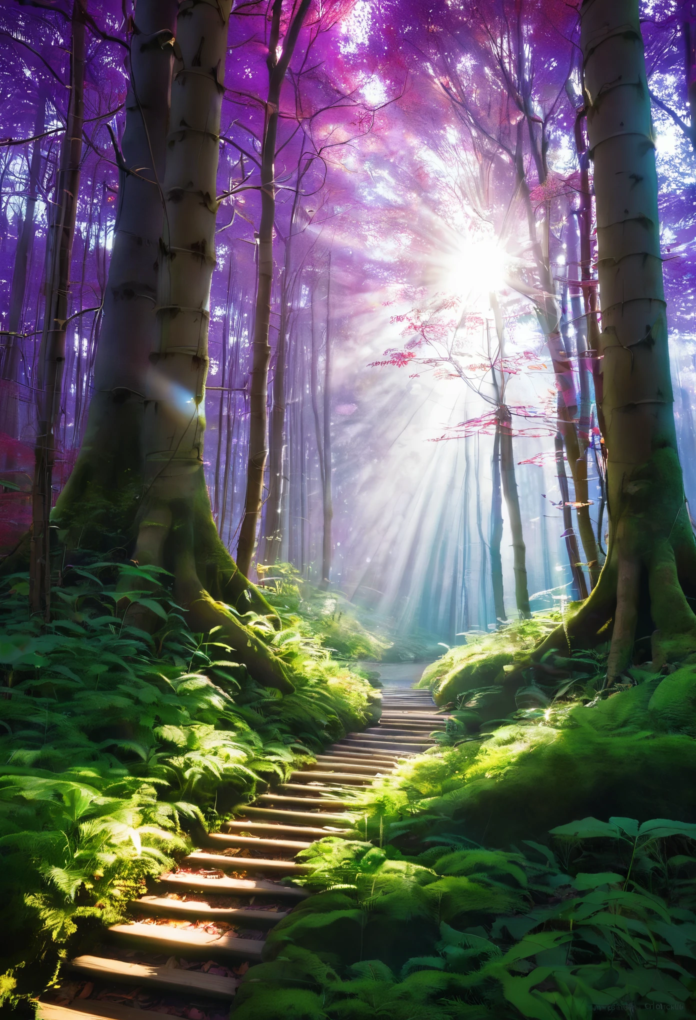 顔幹や枝から鮮やかな色が発散する雄大なwood, Creates a mysterious and fantastical atmosphere in the forest. *太い一本のwoodの横で* Fusion of nature and music*woodの幹は鮮やかな青色に輝いている, green, red, And purple, It&#39;s like a magical energy.. * Sunlight shines through the leaves、Casting shadows on the forest floor, Illuminate your scene with a warm, inviting light. * wood々is enveloped in a sense of mystery and wonder., Make your audience feel like they&#39;ve found hidden treasure。* When I look up, everything is sucked into the spiral of a wormhole.。

