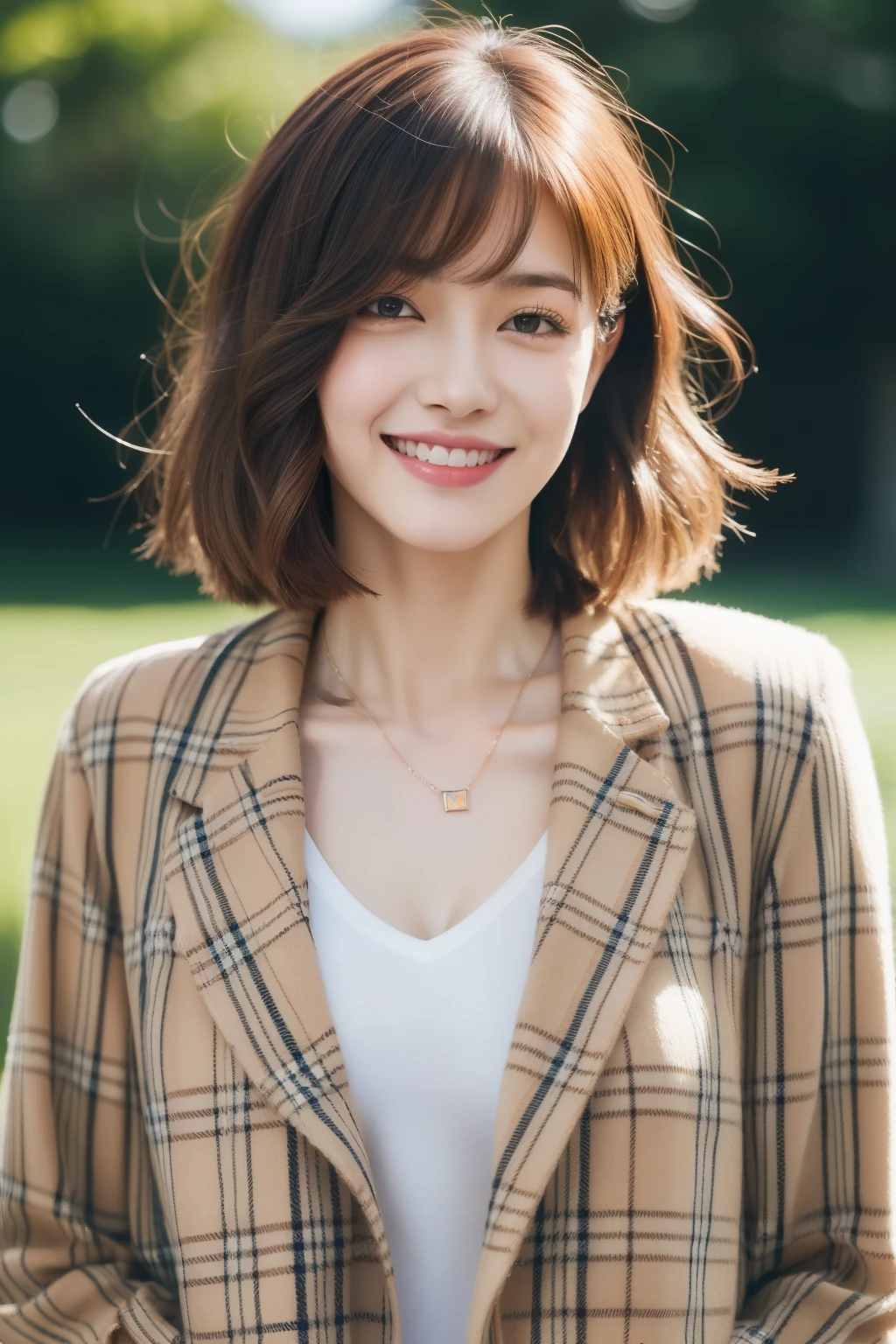 (8k RAW photo, Best Quality), ((masutepiece)), 超A high resolution, Film grain, filmg,( 20yr old, Slender face, 1girl in, long eyelashes, Eye Highlights), Natural Skin Texture, A perfectly proportioned face, realistic eyes and face details, lip stick, (makeup), Red eyeshadow, Perm Hair, Fluffy short hair, hair messy, Smile, closes mouth, Beautiful legs, Tall lady, skinny, slim_Legs, Solo, huge-breasted, Ass,(chee), (Detailed background), ((Brown plaid jacket,White inner shirt)), huge-breasted, Blurry background, Blurry, Brown hair, Bangs, a necklace, Parted lips, depth of fields