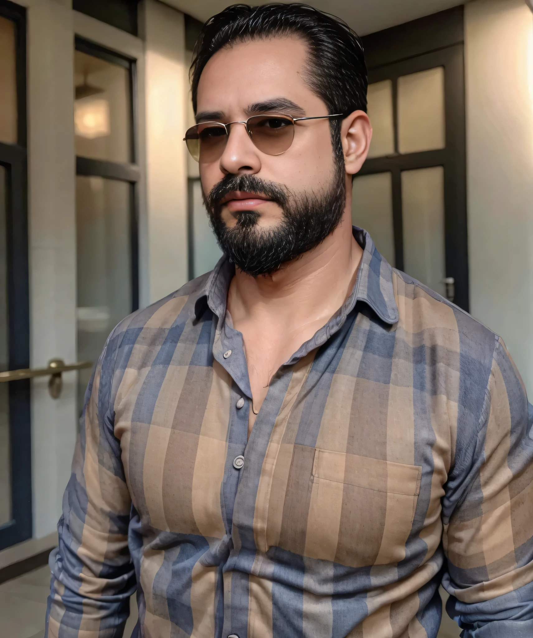 (best quality,4k,8k,highres,masterpiece:1.2), ultra-detailed, realistic:1.37, HDR, studio lighting, professional, vivid colors, bokeh, portraits, man in his late 30s, bearded, wearing sunglasses, wearing formal attire with checkered shirt, walking on the street.