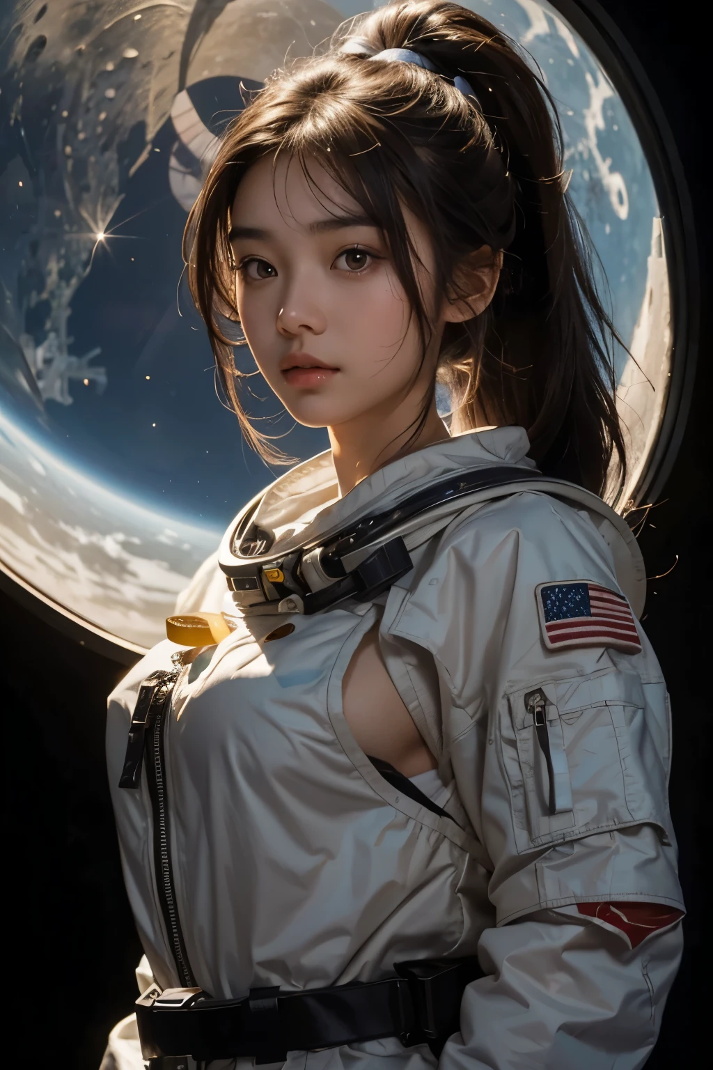 A brown-haired Asian girl about with a ponytail looked through the glass of a space hat and saw an astronaut standing on the moon in the starry Milky Way, pointy and preky breasts, rouge,