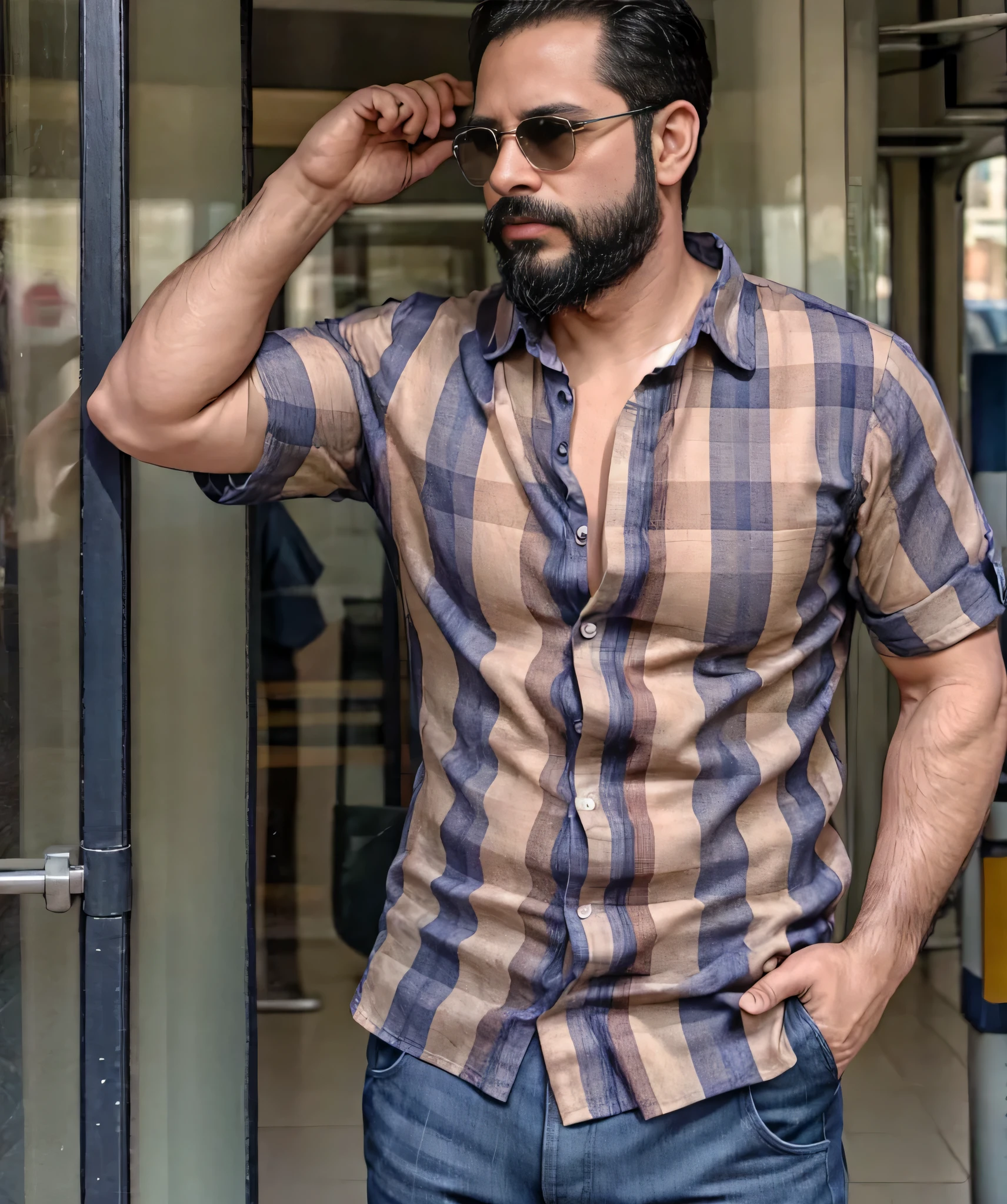 Parte superior del cuerpo, 38 year old man with beard and sunglasses.. Hombre vistiendo ropa formal con camisa de cuadros, by public transport .