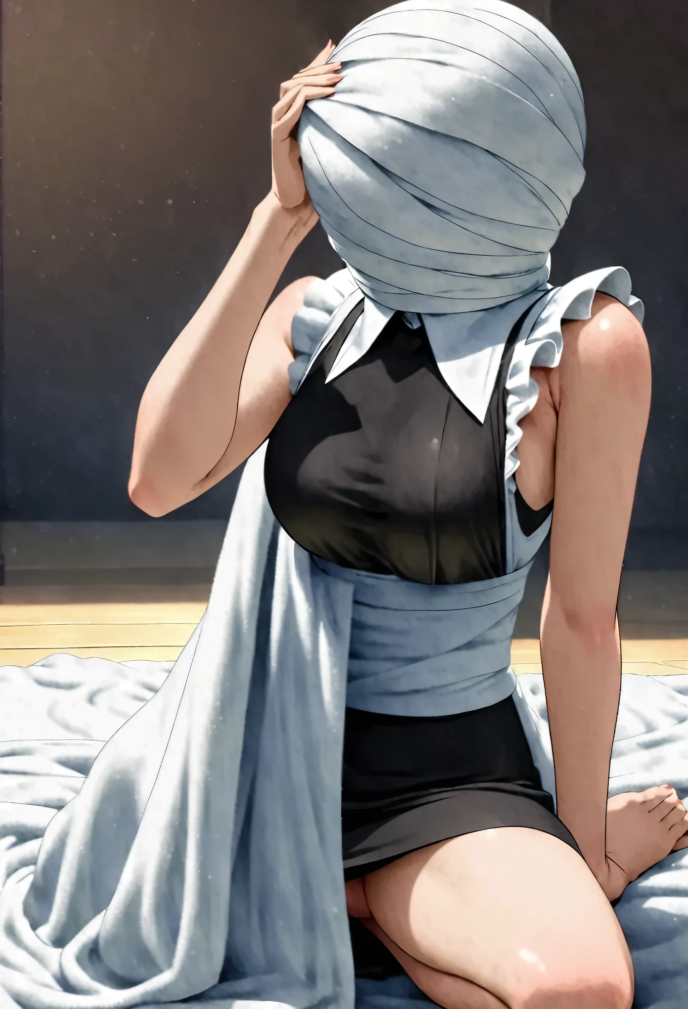 drawing of a woman in a maid outfit kneeling on the ground,sleeveless,(((((a blanket completely wrapped around her entire head)))))anime cat girl in a maid costume,the anime woman is crouching, anime woman in a maid costume, cosplay of a catboy! maid! dress, maid, (sfw) safe for work, maid outfit, inspired by Jin Homura, by Kanbun Master, anime maid ss military,((completelycovered face)),((((hidden face)))),(((flailing arms)))