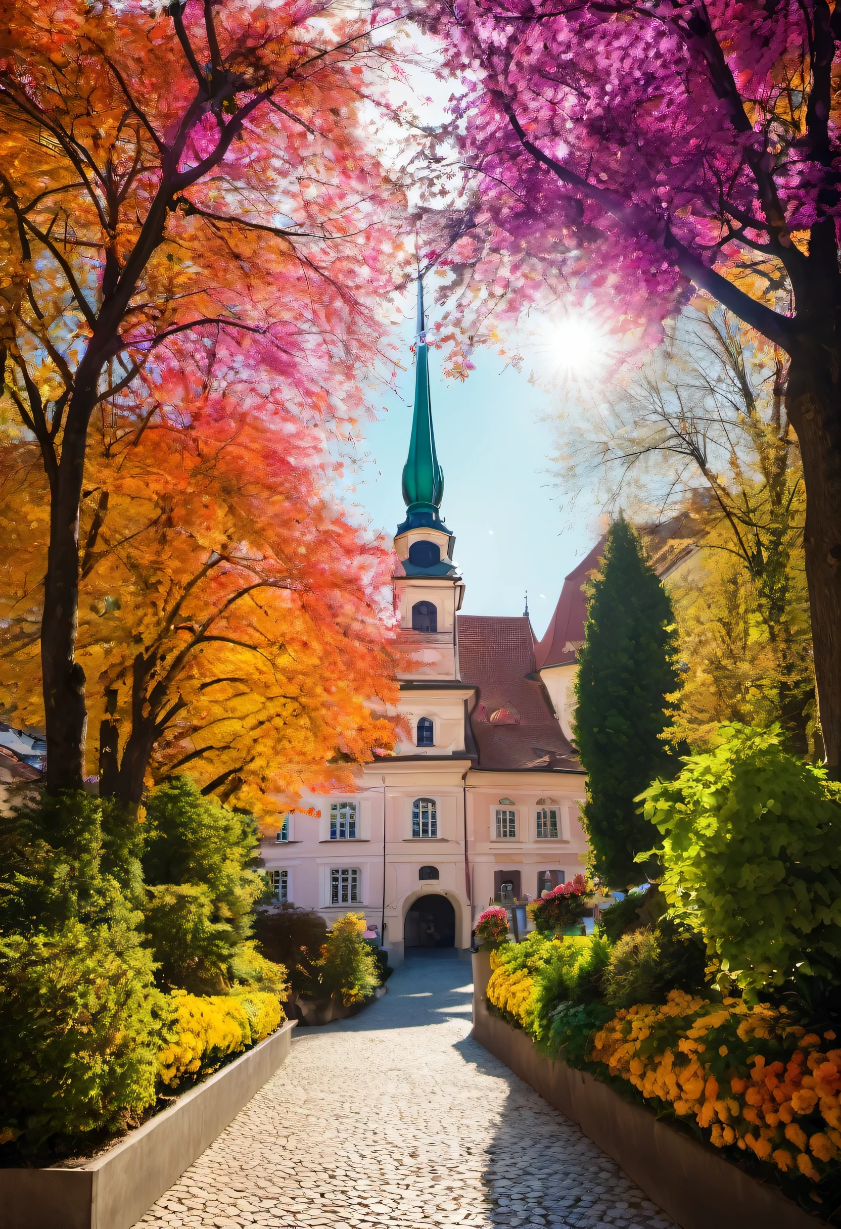 (The beautiful sunny city of Graz is a masterpiece, top quality, beautiful and aesthetically pleasing:1.2),(1 girl:1.3), light transmission BREAK bright colors, complex designs, lighting effects
