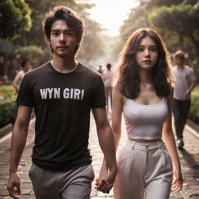 RAW, photorealistic. Two romantic couples, handsome Indonesian man, short hair, black t-shirt that says "WYN GIRI", beautiful Thai woman, wavy hair, white t-shirt that says, "AYUNI GIRI", pressed body trousers, walking forward, holding hands, very realistic , in a park area, in the city of Denpasar, intricate details, cinematic lighting, sharp focus.