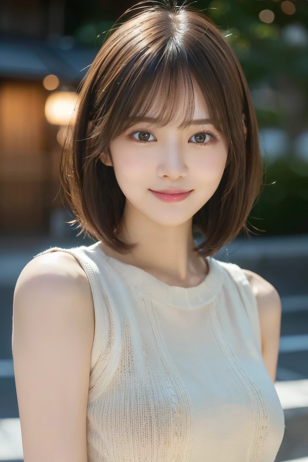 masterpiece、1 beautiful girl、A detailed eye、Puffy eyes、top-quality, 超A high resolution, (Realisticity: 1.4), cinematlic lighting、japanes、Asian Beauty、Super beauty、Beautiful skin、A slender、body facing forward、(A hyper-realistic)、(hight resolution)、(8K)、(ighly detailed)、(beautifully detailed eyes)、(ultra-detailliert)、 (wall-)、(Natural smile)、A detailed face、Bright lighting、profetional lighting、looking at viewert、Facing straight ahead、(The costume is a knit dress)、Short hair, hair messy, asymmetrical bangs, 、nighttime scene、Brown hair、Japan idle、korean idol、hposing Gravure Idol、、age19、tall,