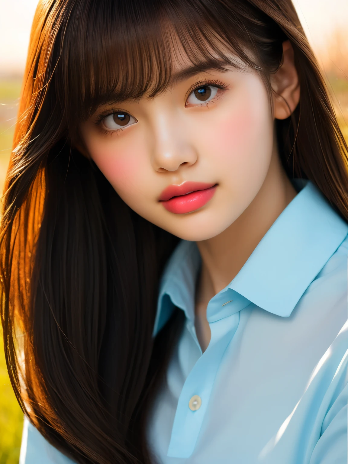 masterpiece, Best Quality, Raw photo, 8K, ultra-detailed face, 1girl, Beautiful detailed skin, backlight, soft light, bashful, (shoot from front:1.2), open your mouth as if you want to say something, Luminescent, Anatomically correct, Medium hair swaying in the wind, bangs, Eyes and faces with detailed, Textured skin, Professional Photography, Bokeh, Portrait, Professional Lighting, Solo, Cute, Girly, Film grain, silk dress shirt, skirt, Wheat Field,