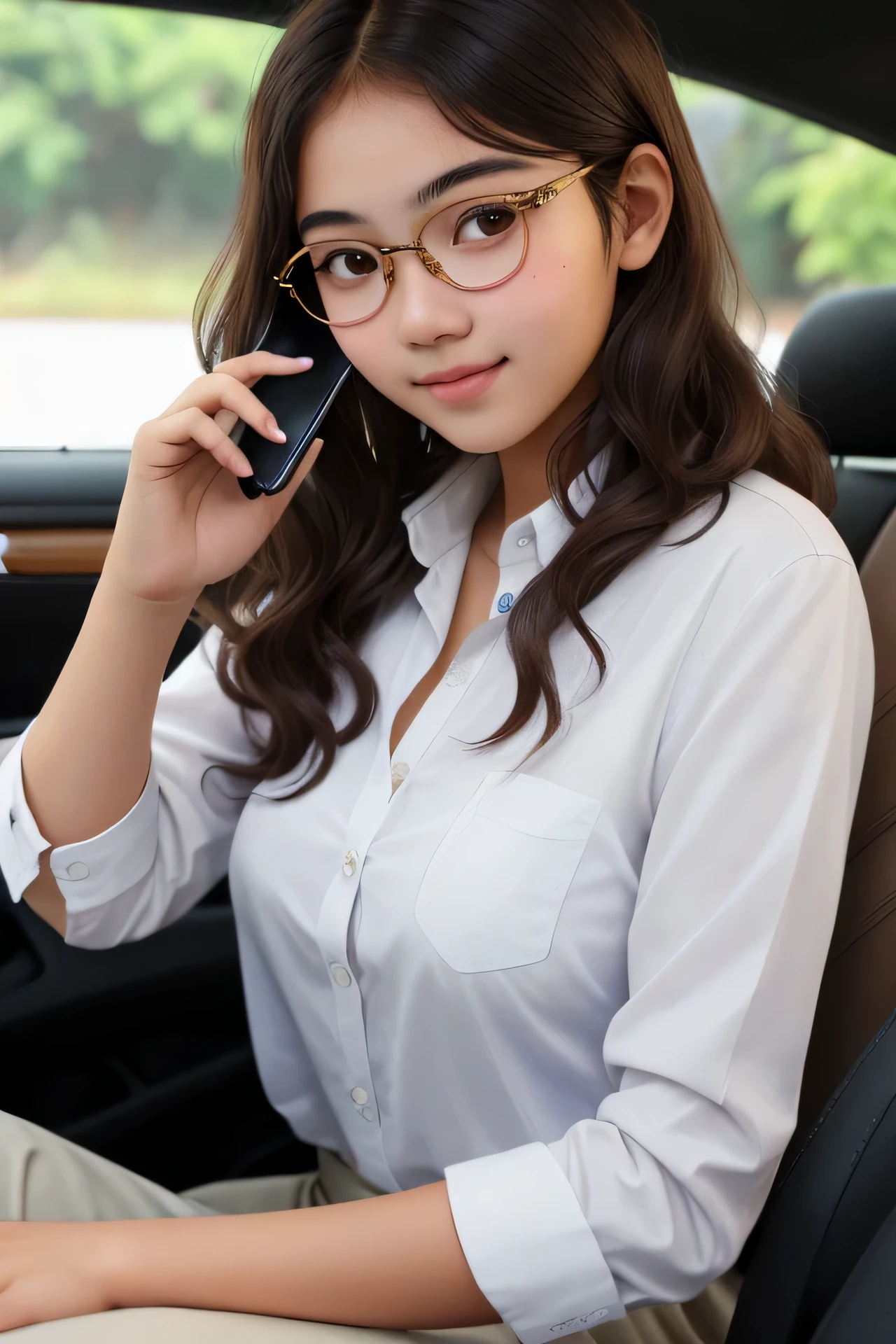 ((best quality)), ((masterpiece)), (detailed), perfect face Detailed face of half body photo. Indonesian girl with a sweet face, brown skin big round face and long brown wavy hair, with tight white long formal shirt, round glasses, sitting in car with play handphone