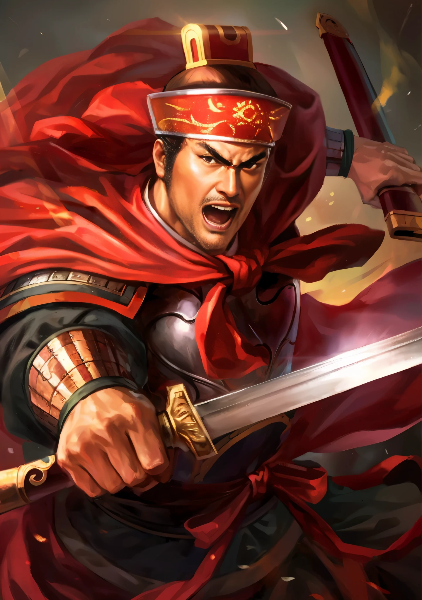 close-up:A man wearing a red cloak、man holding sword, bian lian, Chinese warrior, Three Kingdoms of China, zhao yun, g liulian art style, hua cheng, feng shu, Inspired by Li Kan, Inspired by Hu Zaobin, author:Yang Borun, Guan yu, xianxia hero, dynasty warriors, heise jinyao