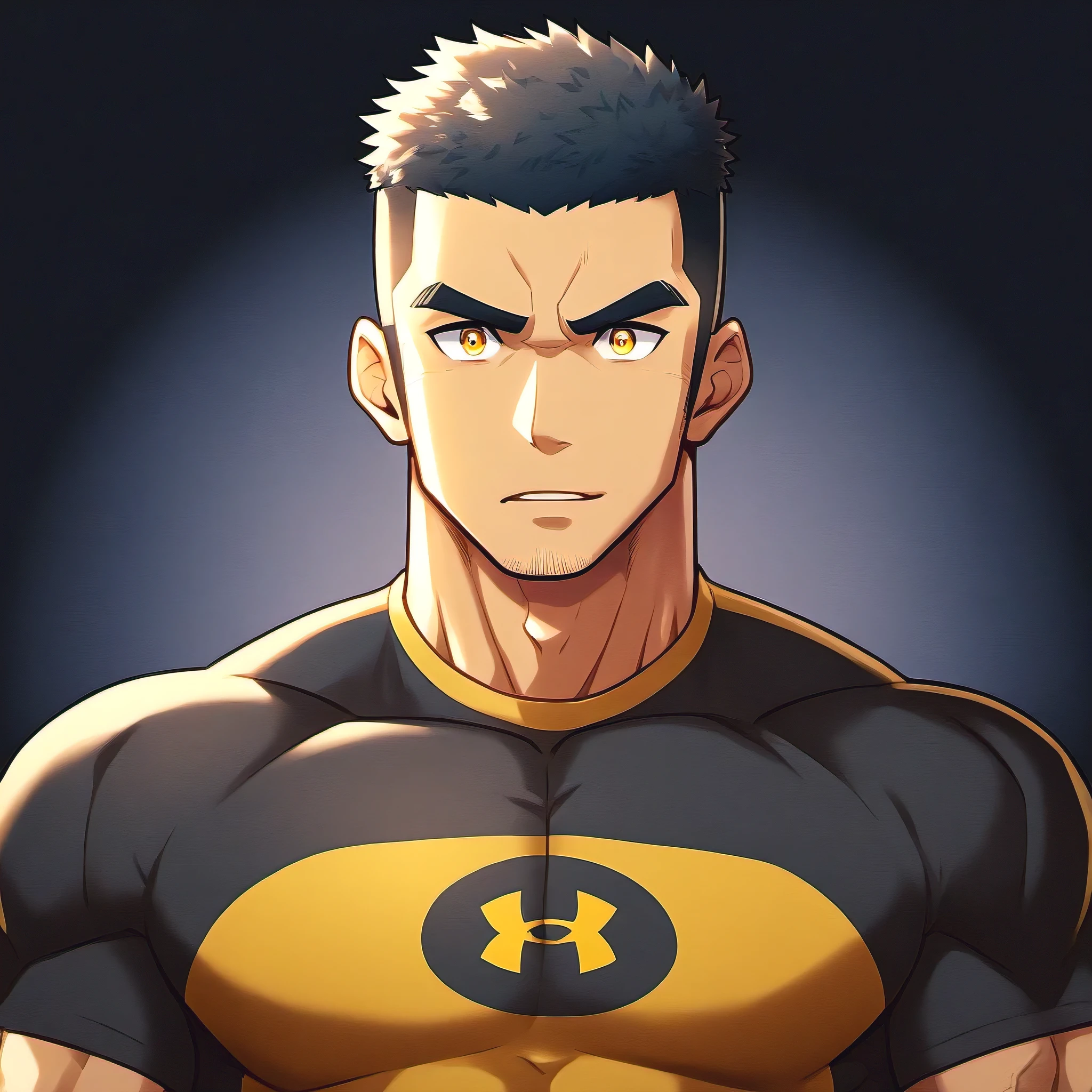 anime characters:Gyee, Fitness coach, 1 muscular tough guy, Manliness, male focus, Yellow and black tight T-shirt, Under Armour brand sports tight T-shirt, Slightly transparent, muscular male, muscular, only, Upper body, alone, Black short hair, Thick eyebrows, stubble, Yellow eyes, Black background, simple background, amazing quality, best aesthetics, Ridiculous, bright pupils, crew cut, parted lips, embarrassed, forced smile, drop shadow, best quality