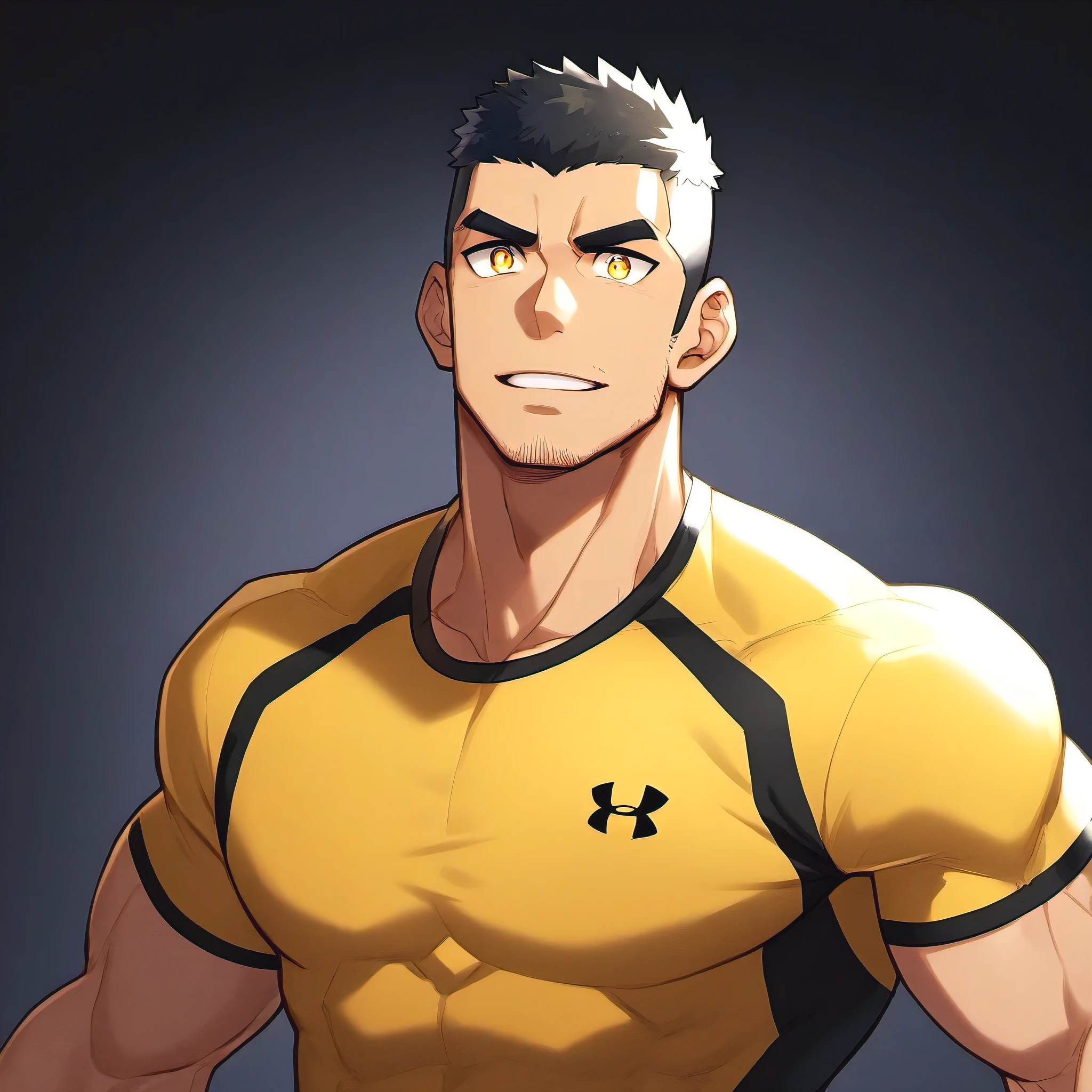 anime characters：Gyee, Fitness coach, 1 muscular tough guy, Manliness, male focus, Yellow and black tight T-shirt, Under Armour brand sports tight T-shirt, Slightly transparent, muscular male, muscular, only, Upper body, alone, Black short hair, Thick eyebrows, stubble, Yellow eyes, Black background, simple background, amazing quality, best aesthetics, Ridiculous, bright pupils, crew cut, parted lips, embarrassed, forced smile, drop shadow, best quality