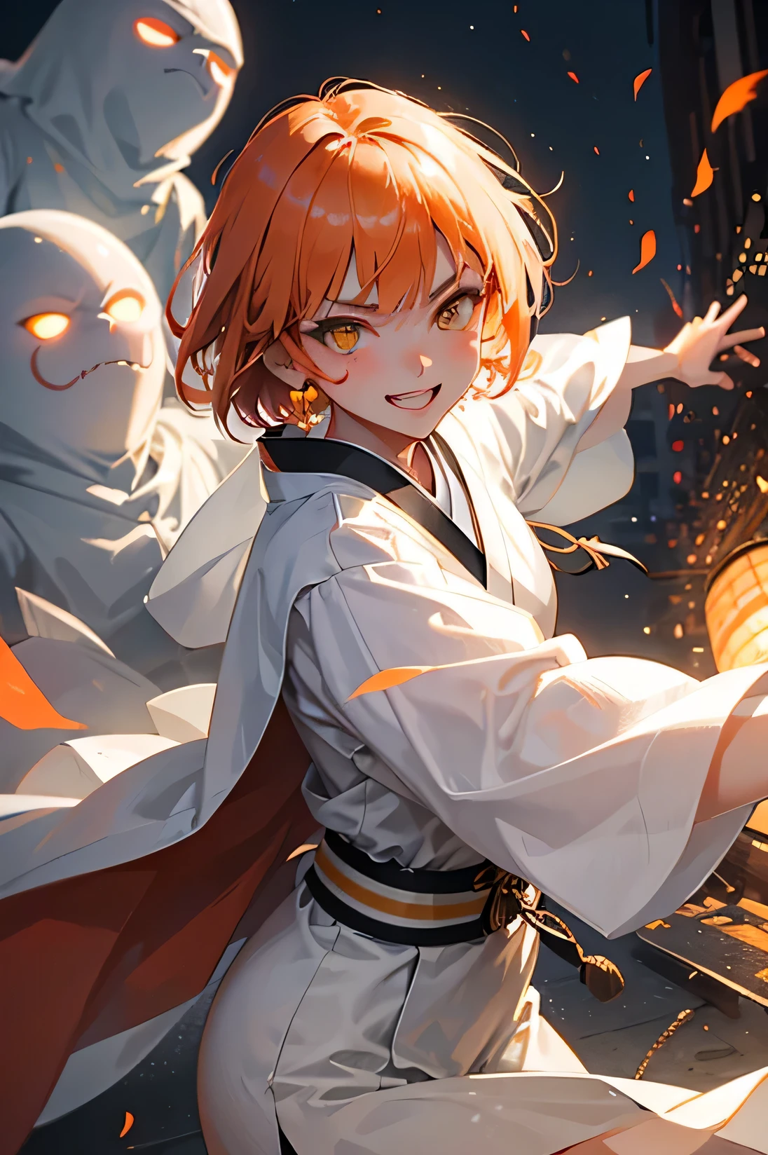A cool adult woman in a white kimono、1 person、Hundreds of Ghosts at Night、horror、Orange brown short hair、yellow eyes、luster、gloss、battle、A lively grin、Shibuya background、glaring、I won't touch it、bold pose