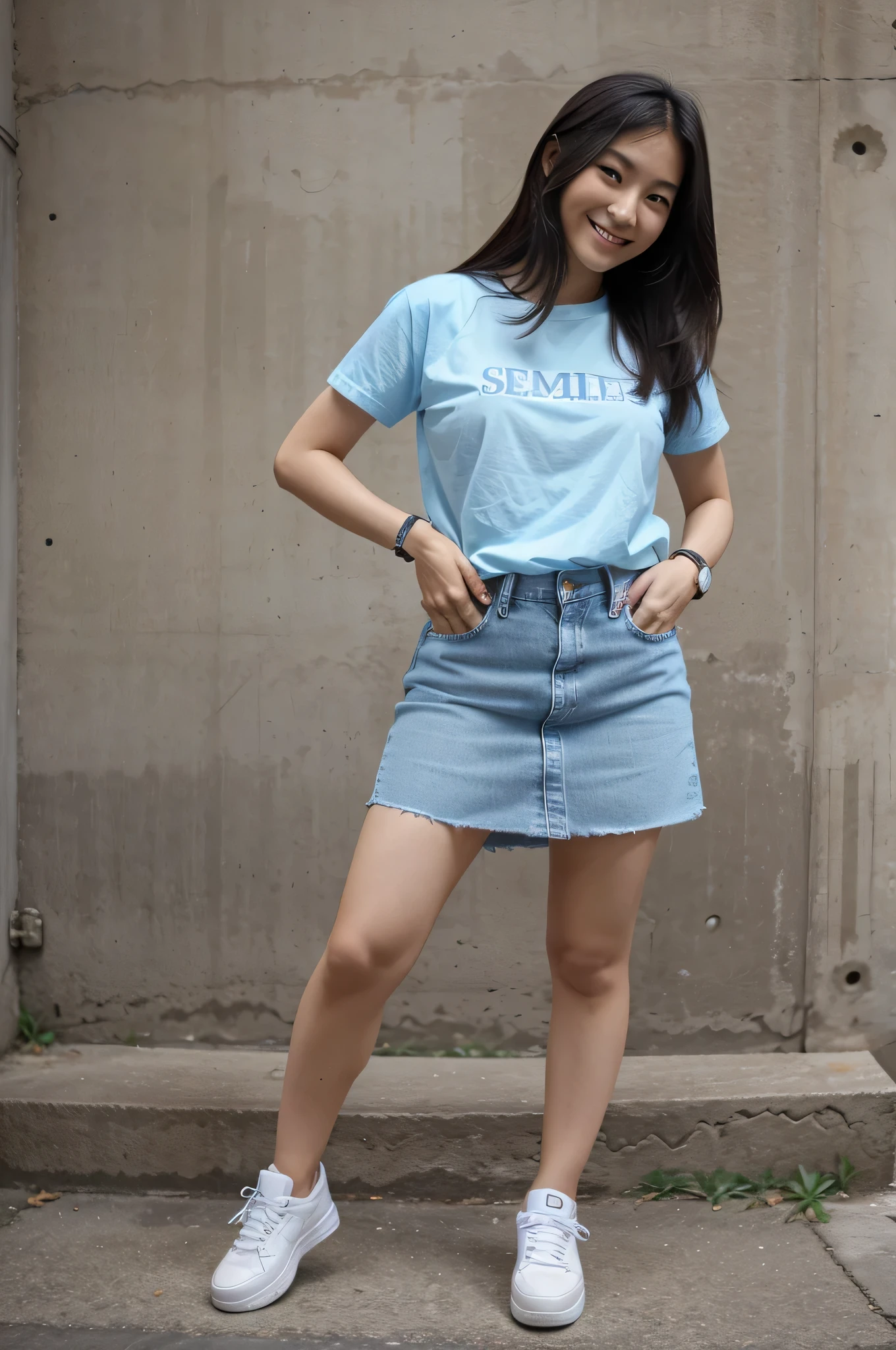 Asian girl smiling, wearing light blue shirt, jeans skirt, wearing watch, sneakers, tall body, sexy