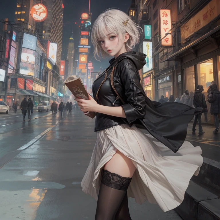 girl 2,twins,gray hair,stockings,mature woman,dawn,City of night