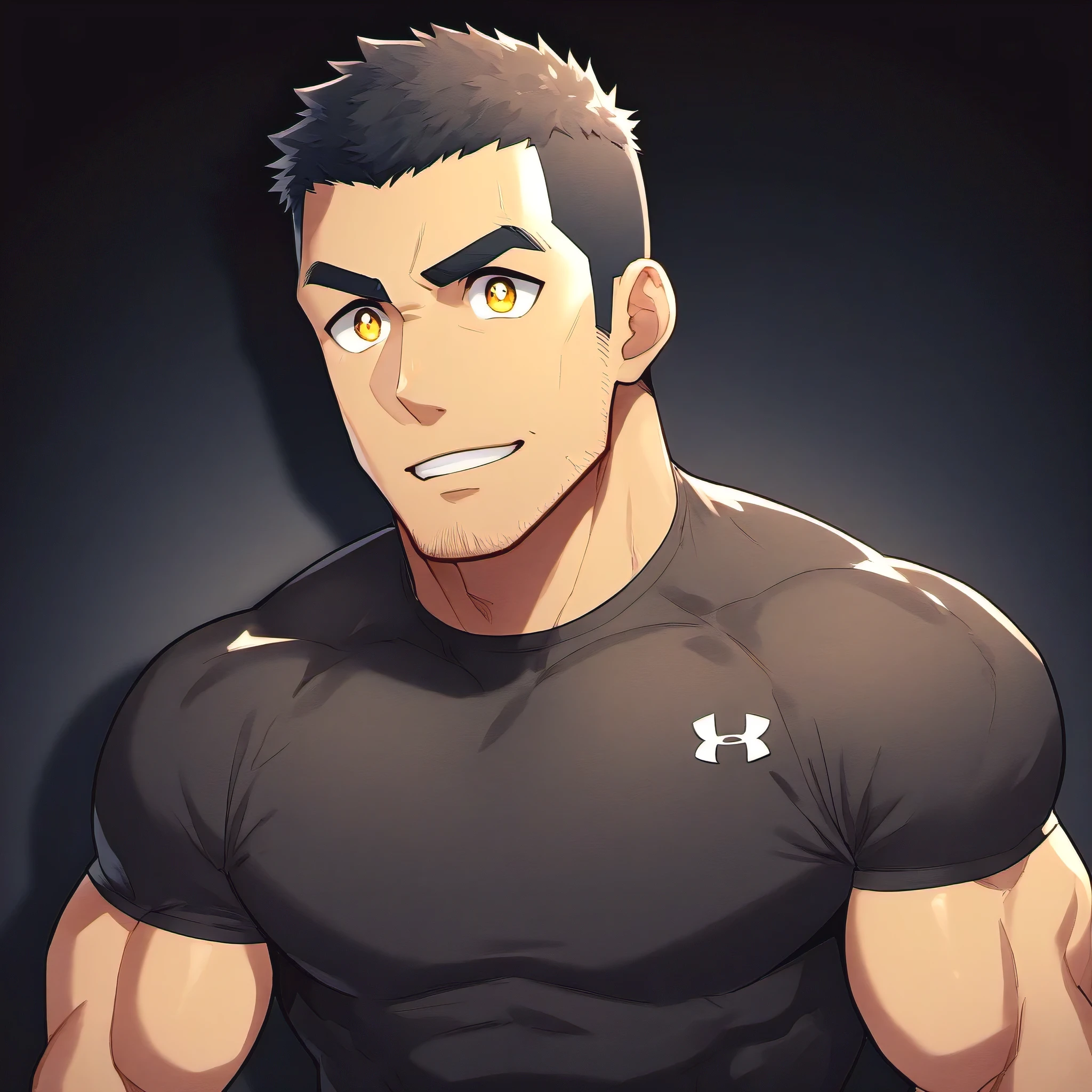 anime characters:Gyee, Fitness coach, 1 muscular tough guy, Manliness, male focus, Yellow and black tight T-shirt, Under Armour brand sports tight T-shirt, Slightly transparent, muscular male, muscular, only, Upper body, alone, Black short hair, Thick eyebrows, stubble, Yellow eyes, Black background, simple background, amazing quality, best aesthetics, Ridiculous, bright pupils, crew cut, parted lips, embarrassed, forced smile, drop shadow, best quality