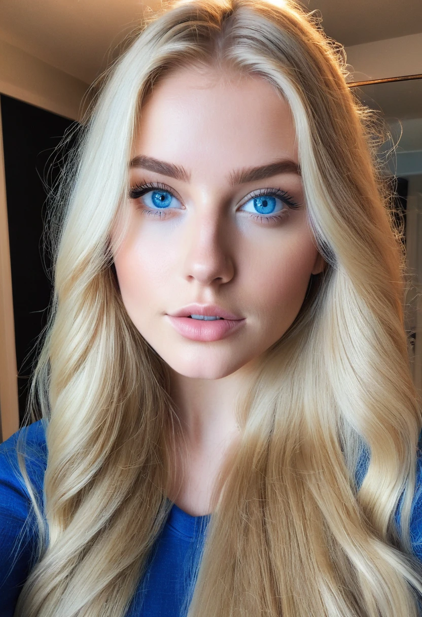 lauren budd, iphone pro selfie, 20 years old female, extremely beautiful, skandinavian, natural blue eyes, long blonde hair, realistic, curvy body, full body view through mirror