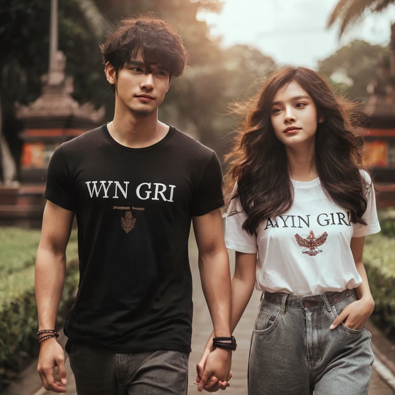 RAW, photorealistic. Two romantic couples, handsome Indonesian man, short hair, black t-shirt that says "WYN GIRI", beautiful Thai woman, wavy hair, white t-shirt that says, "AYUNI GIRI", pressed body trousers, walking forward, holding hands, very realistic , in a park area, in the city of Denpasar, intricate details, cinematic lighting, sharp focus.