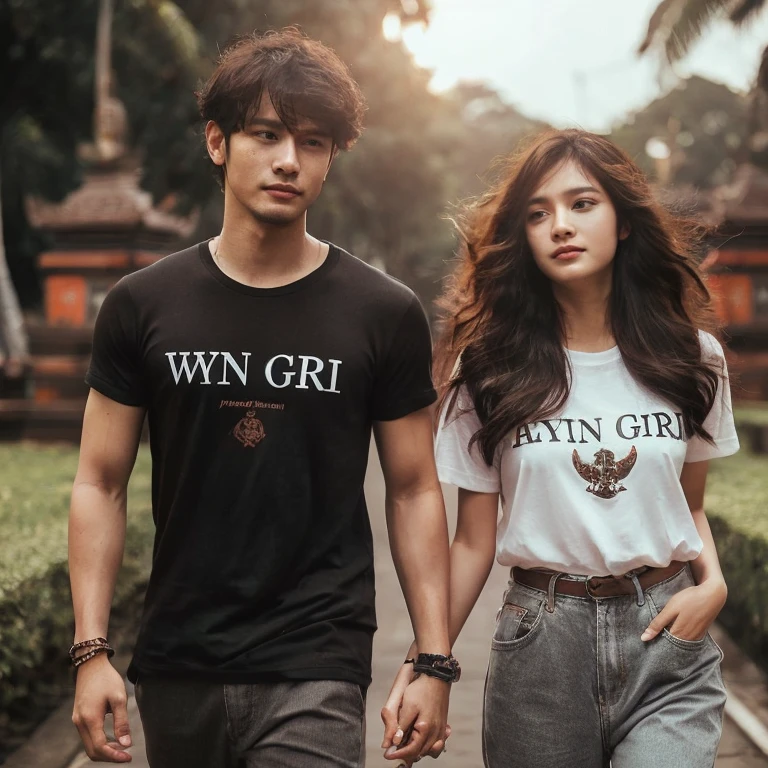 RAW, photorealistic. Two romantic couples, handsome Indonesian man, short hair, black t-shirt that says "WYN GIRI", beautiful Thai woman, wavy hair, white t-shirt that says, "AYUNI GIRI", pressed body trousers, walking forward, holding hands, very realistic , in a park area, in the city of Denpasar, intricate details, cinematic lighting, sharp focus.