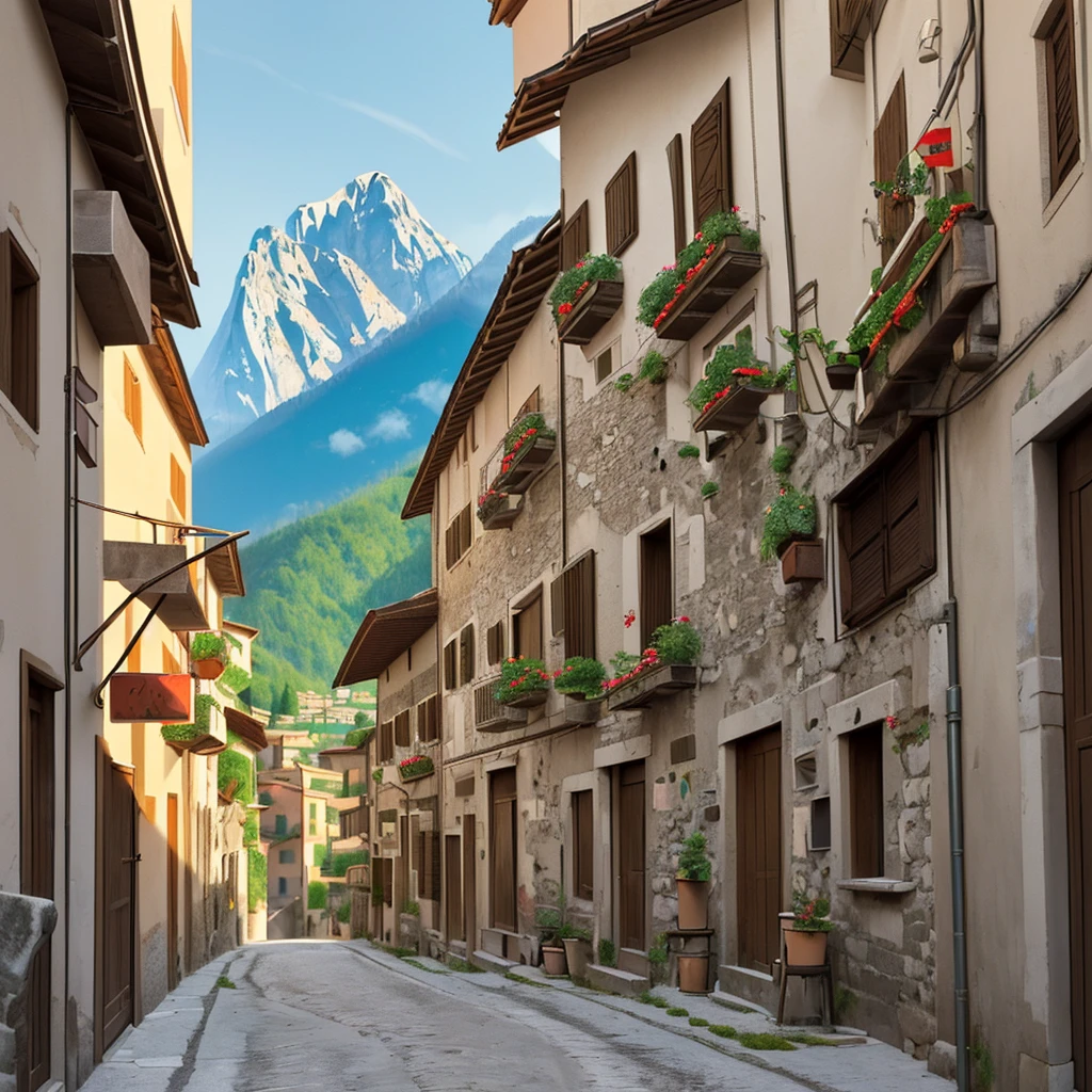 I need an alleyway with posters of knives and forks leading to mountains, in the village of italy