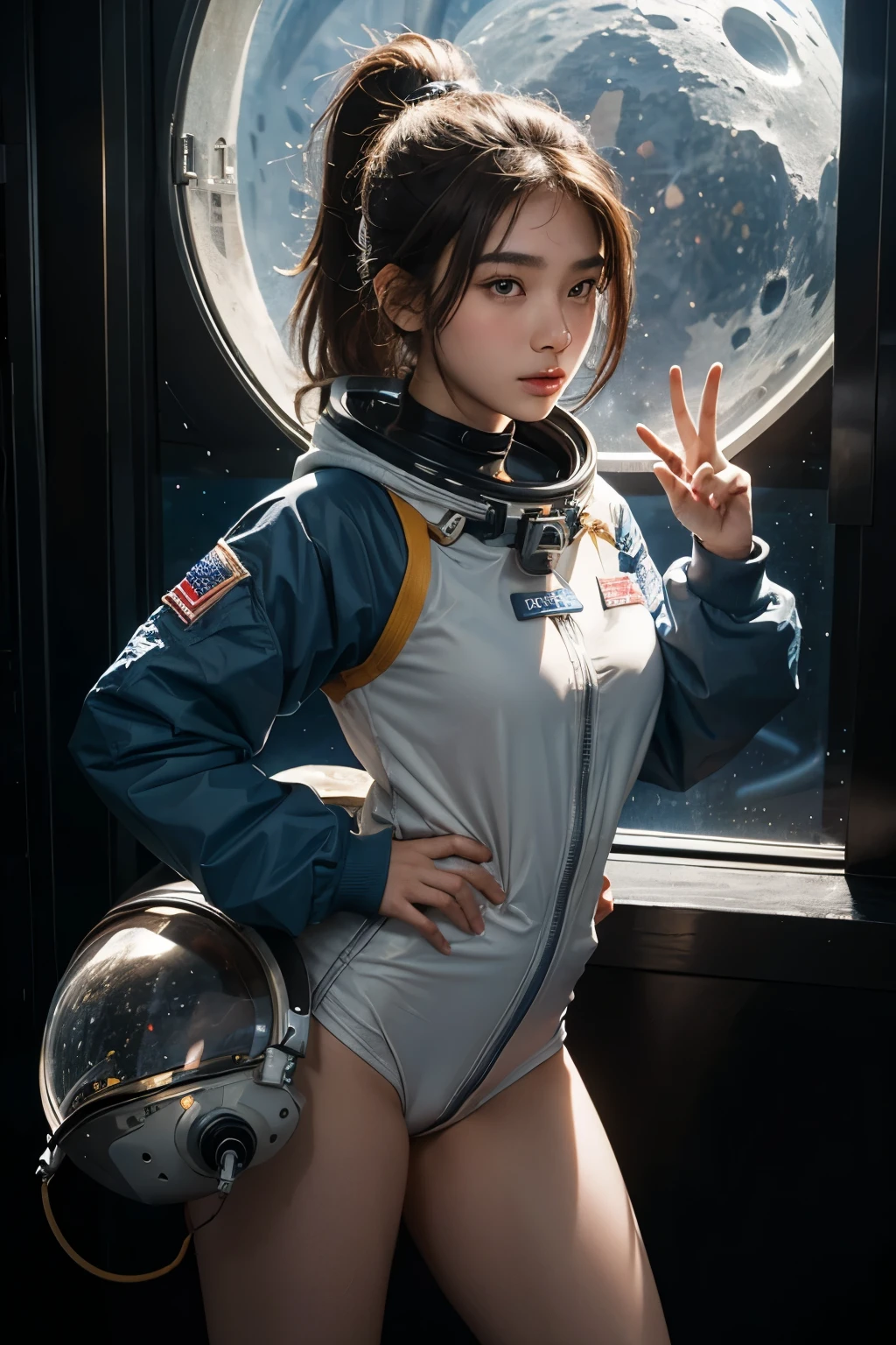 A 15-year-old brown-haired Asian girl with a ponytail looked through the glass of the space hat and saw an astronaut standing on the moon in the starry sky with a revealing space suit, pointed breasts, and rouge.