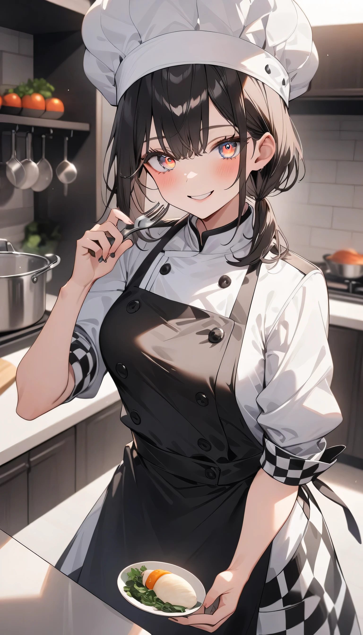 (highest quality、masterpiece、High resolution、detailed)、(Shining eyes、detailed beautiful face)、1girl,
BREAK
//Fashions
Classic Chef’s Uniform,
This costume embodies the traditional look of a professional chef with a modern twist, It features a classic white double-breasted chef’s jacket with black trim and buttons, providing a clean and sophisticated appearance, Paired with comfortable black or checkered chef pants, this uniform offers both style and functionality,
BREAK
Complete the look with a white chef’s hat and a black apron adorned with cooking utensils or a personalized logo, Add a pair of comfortable kitchen shoes to ensure comfort during long hours in the kitchen, This costume is perfect for aspiring chefs or anyone who wants to showcase their culinary skills with flair,
BREAK