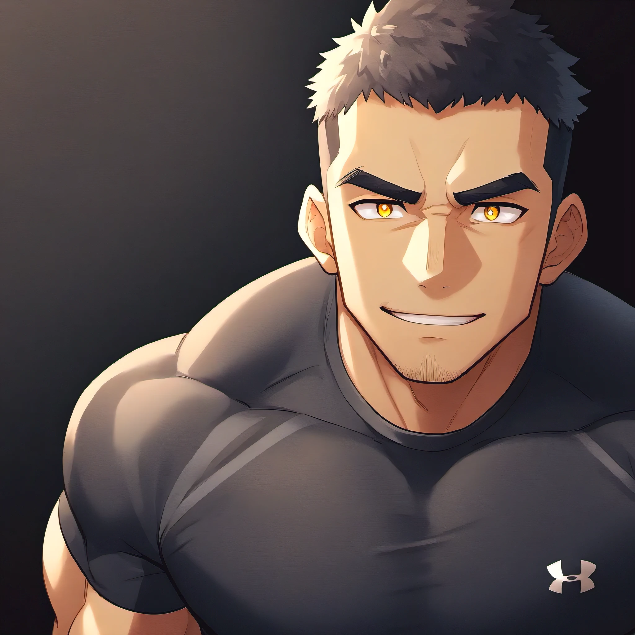 anime characters：Gyee, Fitness coach, 1 muscular tough guy, Manliness, male focus, Yellow and black tight T-shirt, Under Armour brand sports tight T-shirt, Slightly transparent, muscular male, muscular, only, Upper body, alone, Black short hair, Thick eyebrows, stubble, Yellow eyes, Black background, simple background, amazing quality, best aesthetics, Ridiculous, bright pupils, crew cut, parted lips, embarrassed, forced smile, drop shadow, best quality