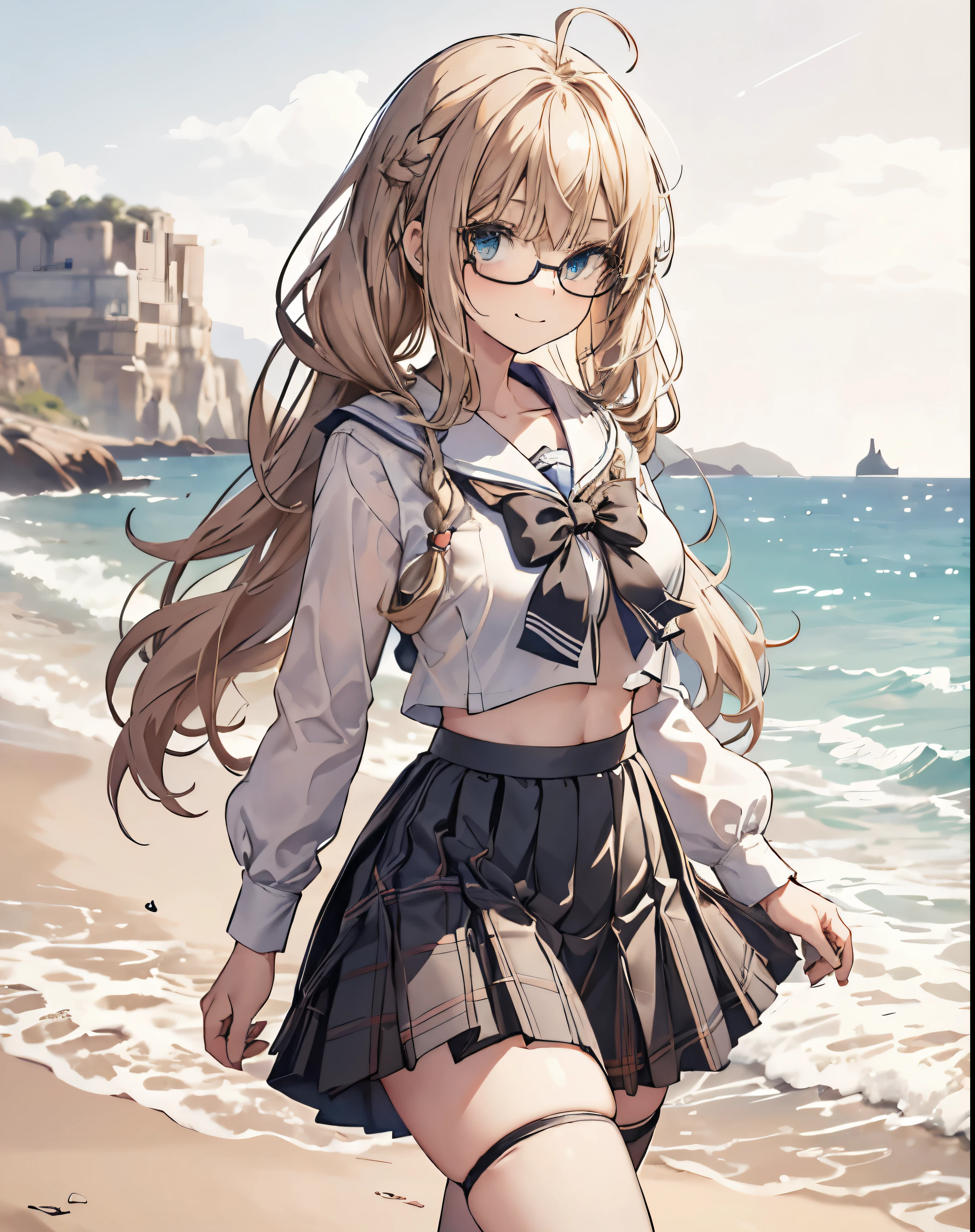 masterpiece, 1girl, sparrow, a blonde haired girl, wearing a white sailor clothes, curly long hair, messy hair, slim body, he close her left eye, shirt ornament, aqua eyes, sho show her back, ahoge, baby face, huge breast, beautiful breasts, rounded breasts, braid hair, long sleeves, beautiful eyes, white stocking, droopy eyes, skirt, black skirt, plaid skirt, her age is 19 years old, seductive smile, beach, bowtie, sailor collar, pleated skirt, tight shirt, plaid skirt, twintail, round eyewear, 