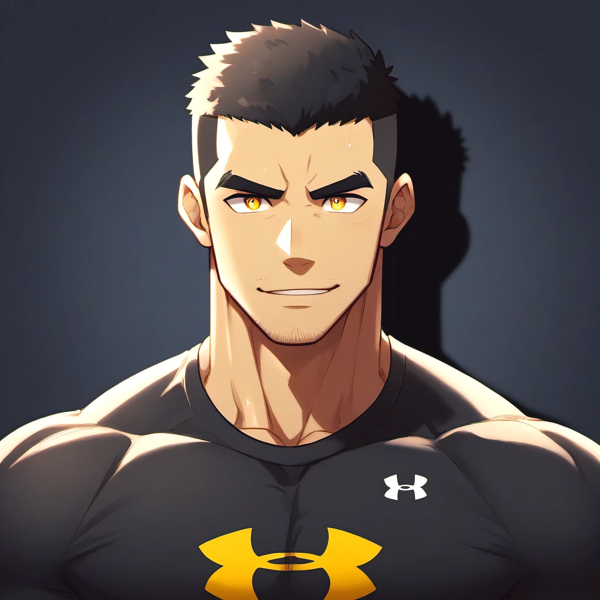 anime characters：Gyee, Fitness coach, 1 muscular tough guy, Manliness, male focus, Yellow and black tight T-shirt, Under Armour brand sports tight T-shirt, Slightly transparent, muscular male, muscular, only, Upper body, alone, Black short hair, Thick eyebrows, stubble, Yellow eyes, Black background, simple background, amazing quality, best aesthetics, Ridiculous, bright pupils, crew cut, parted lips, embarrassed, forced smile, drop shadow, best quality