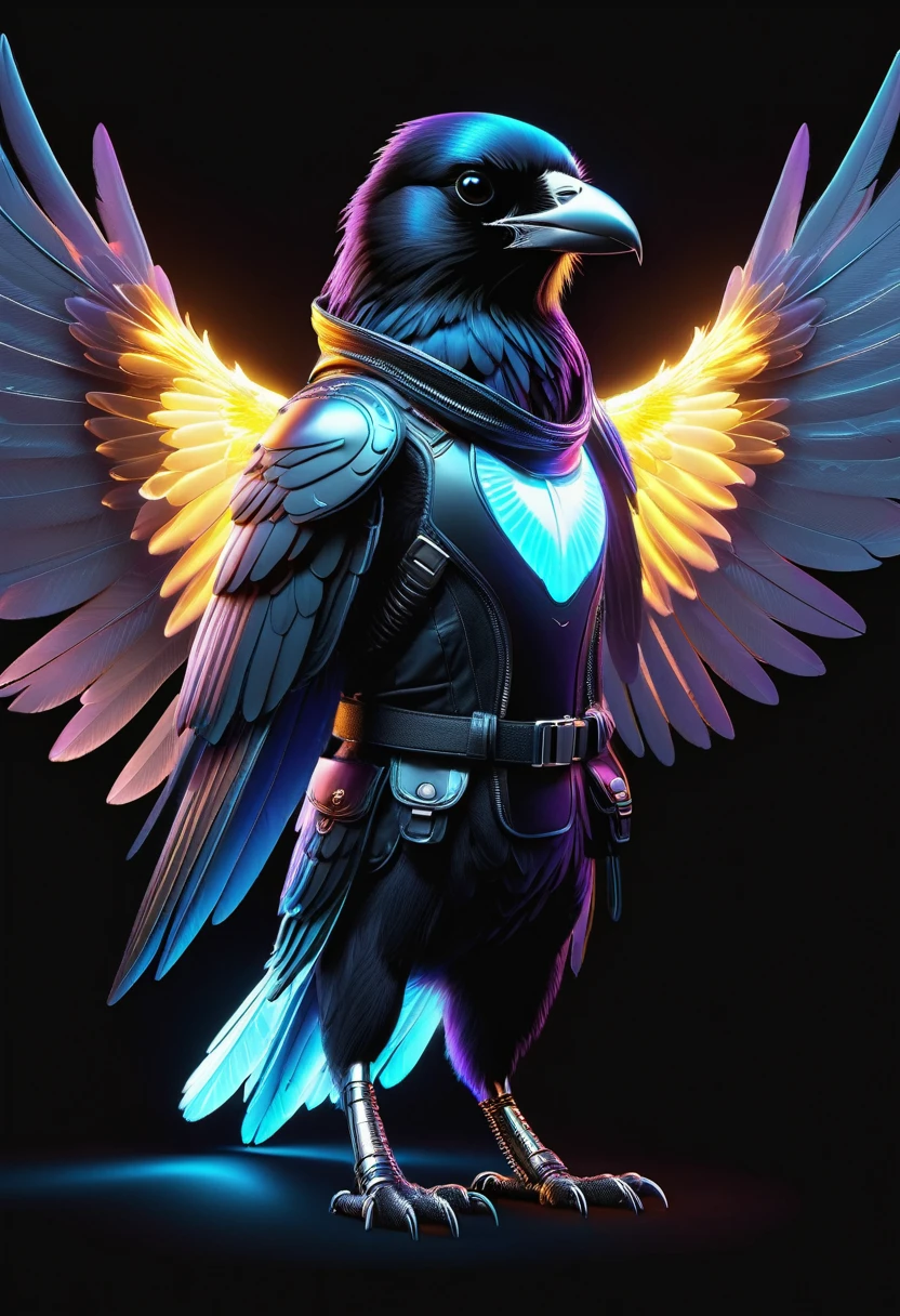 rim light, bioluminescence, ((line drawing)), Glowing translucent fluorescent, Realistic portraits of animals wearing clothes, (Raven Pilot), (whole body), stand, (Metal paws:1.5), (metal wings:1.5), a crow, glow, holographic, high resolution, (black background), 8k, UHD