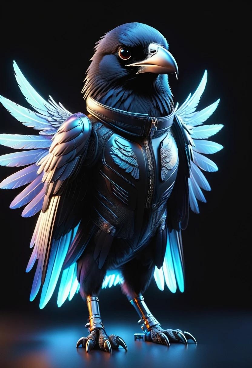 rim light, bioluminescence, ((line drawing)), Glowing translucent fluorescent, Realistic portraits of animals wearing clothes, (Raven Pilot), (whole body), stand, (Metal paws:1.5), (metal wings:1.5), a crow, glow, holographic, high resolution, (black background), 8k, UHD