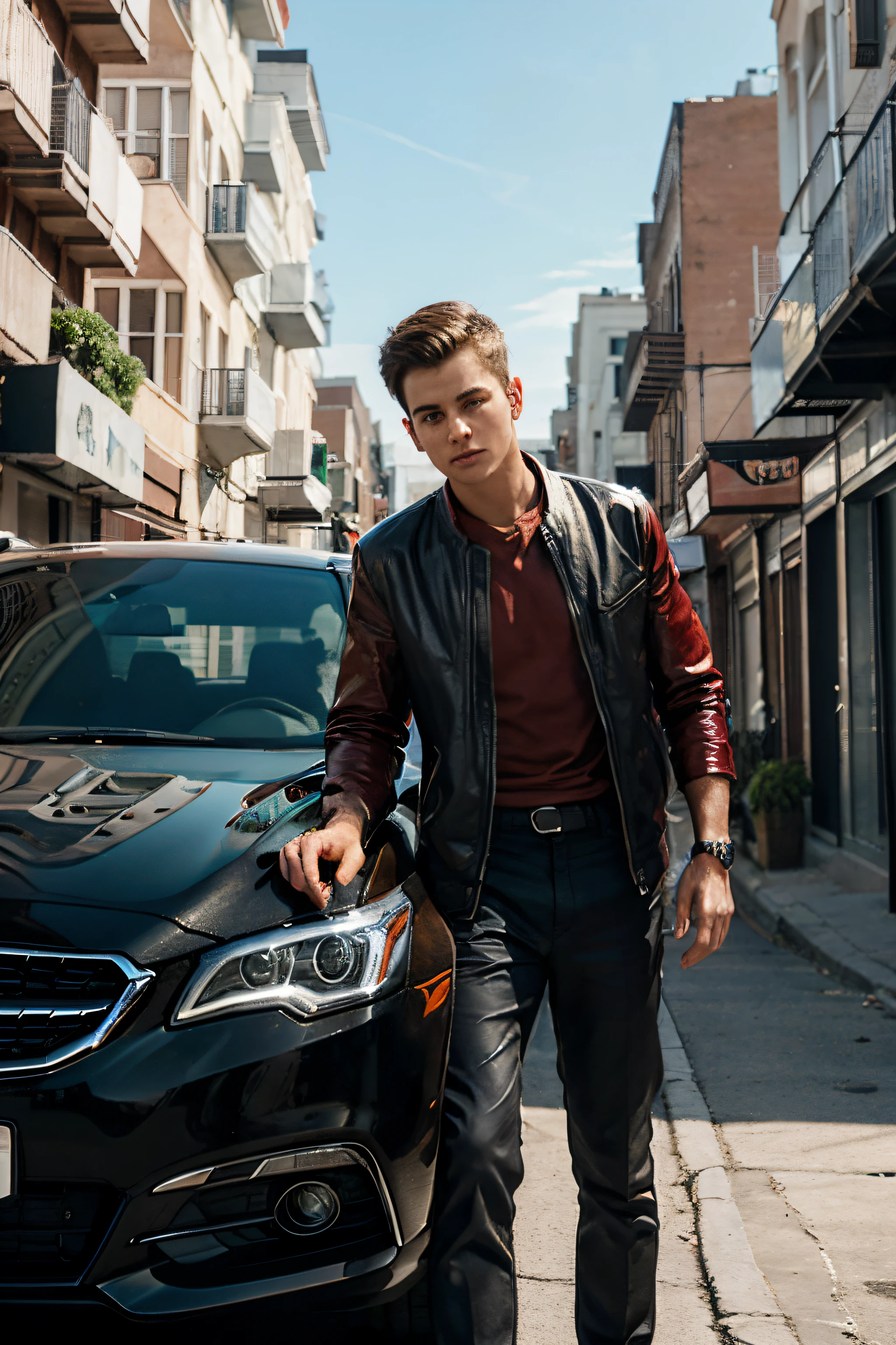 A boy with a car drink red vine Street futuristic background realistic