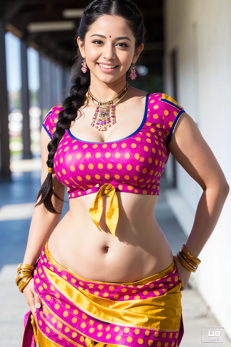 HD wallpaper 32k cinematic shoot of a Beautiful cute girl, with thick thighs and a curvy waist, twin braids, wearing an Indian blouse top, horny, seductively, in a school corridor, dotted blouse top, smiling, ((long curvy waist)), ((lowwaist))