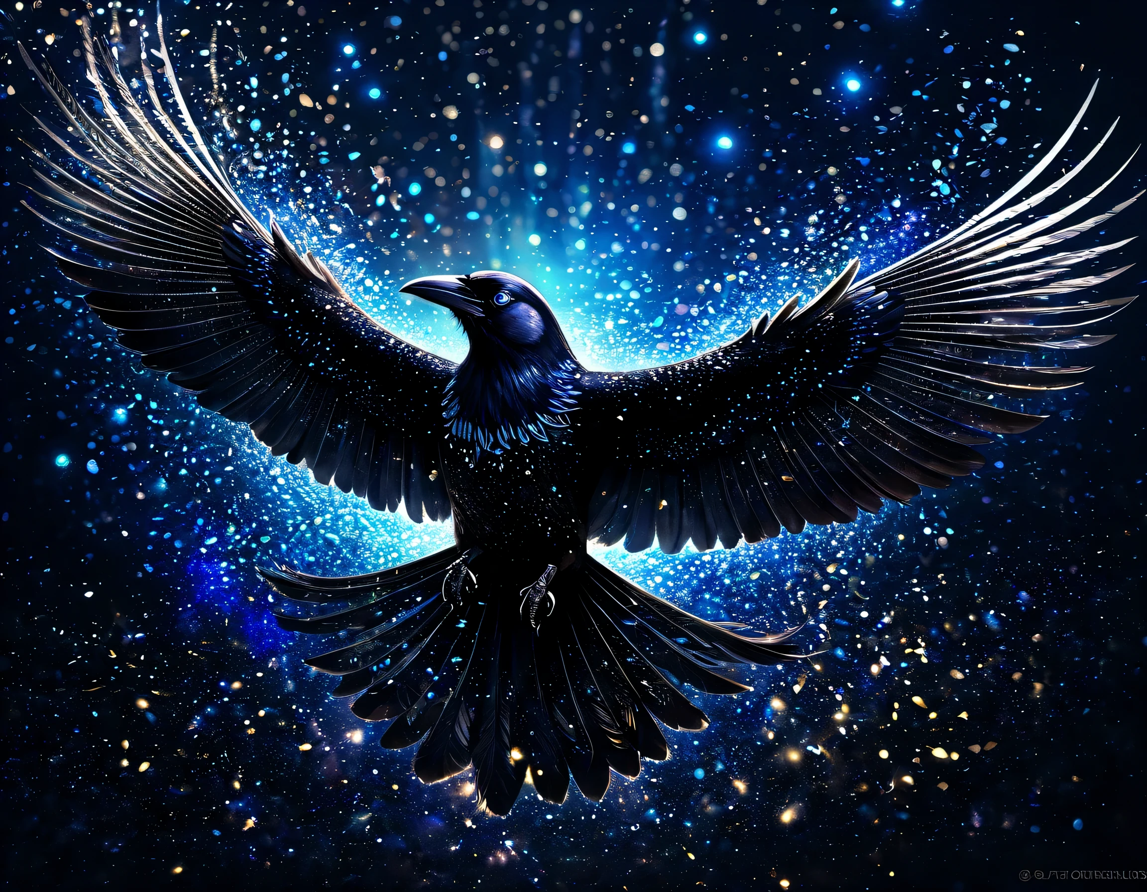 a flying crow, 8k, digital art, intricate details, beautiful lighting, shining feathers, dark blue luminous eyes, bokeh, shining black, glitter, sparkle, gleam, in a dark fantasy space