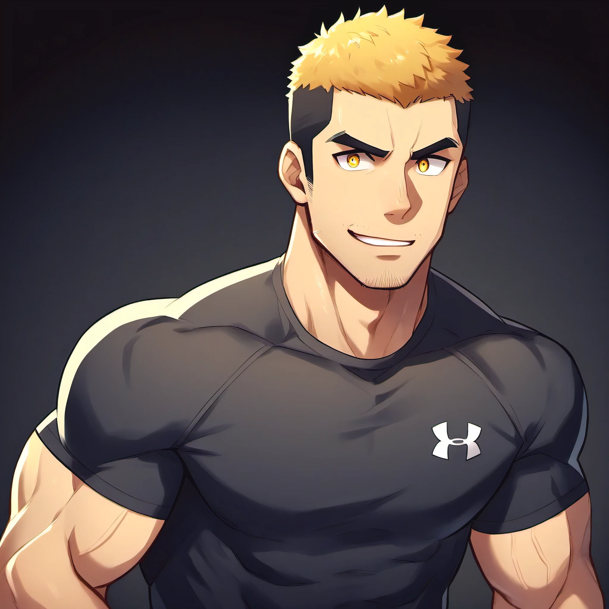 anime characters：Gyee, Fitness coach, 1 muscular tough guy, Manliness, male focus, Yellow and black tight T-shirt, Under Armour brand sports tight T-shirt, Slightly transparent, muscular male, muscular, only, Upper body, alone, Black short hair, Thick eyebrows, stubble, Yellow eyes, Black background, simple background, amazing quality, best aesthetics, Ridiculous, bright pupils, crew cut, parted lips, embarrassed, forced smile, drop shadow, best quality