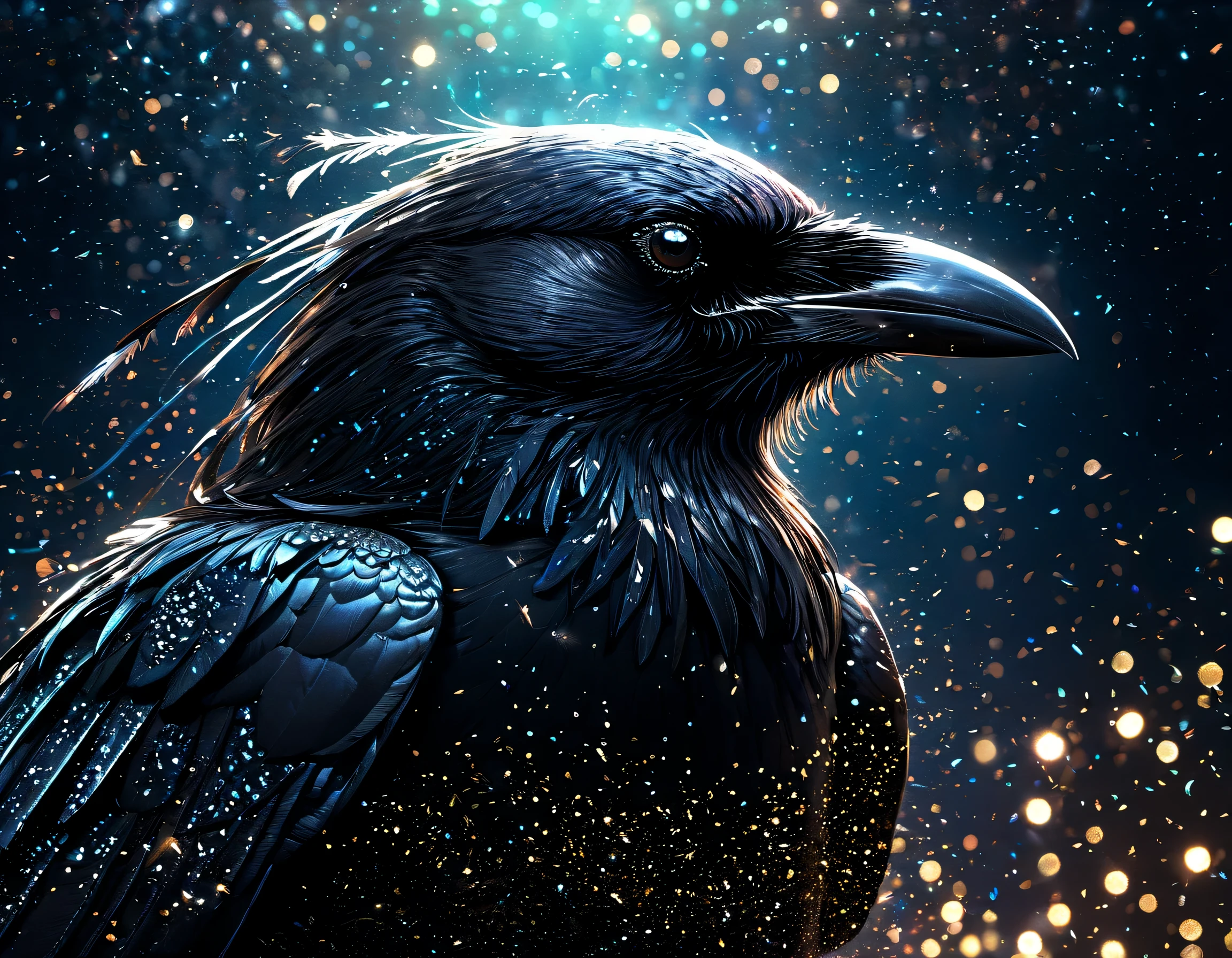 a crow, 8k, digital art, intricate details, cinematic lighting, shining feathers, shining black, (in a dark fantasy space:1.3, glitter, sparkle, gleam), fashionable, bokeh