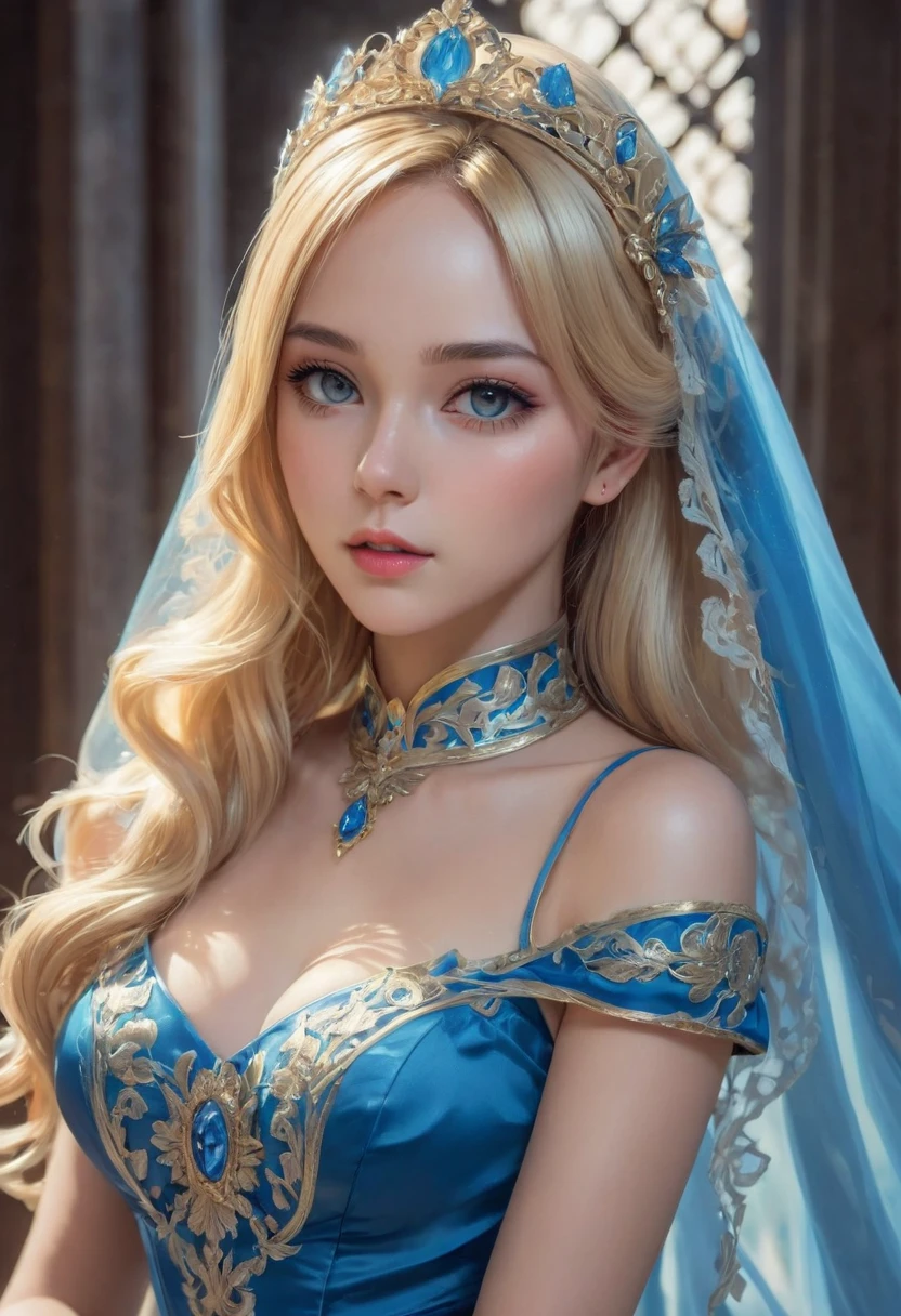 Blonde woman in a blue dress with a veil on her head, Beautiful fantasy girl, detailed fantasy art, beautiful fantasy art, blonde princess, Art Station artgerm&#39;s illustrations - pixiv, beautiful maiden, ((beautiful fantasy empress)), 2. 5D CGI Anime Fantasy Artwork, fantasy art style, detailed digital anime art, fantasy style art