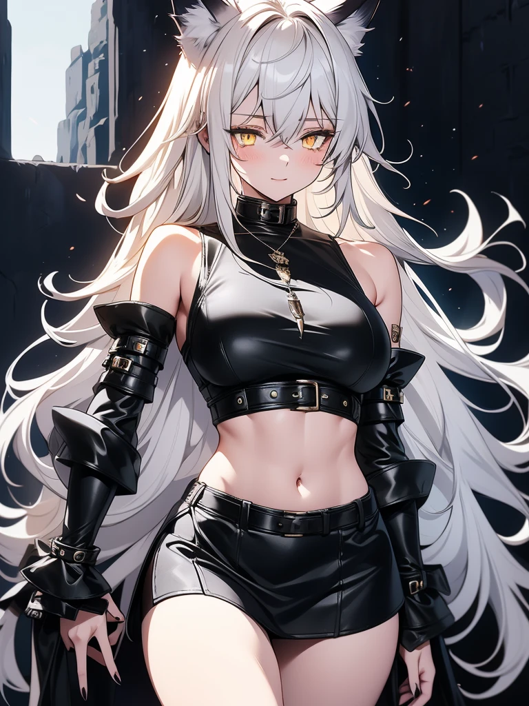 8K, Full body portrait, tall girl, single beautiful young woman, especially detailed face, masterpiece, wallpaper, highlydetailed face, ultra-detailed face, beautiful and aesthetic wolf tailed girl, athletic body, pale white skin, big breasts, curvy, busty, big ass, long hair, gray-silver hair, a young cute wolf ypung woman, wolf ears, cute wolf tail, long wolf tail, fluffy wolf tail, wolf-like irises, beautiful, enchanting, bright yellow eyes, detailed eyes, ultra-detailed eyes, accurate eyes, detailed irises, correct body proportions, elegant, small vertical scar under right eye, small rosy lips, big breasts, slender elegant arms, pretty hands, detailed hands, charming, slight blush, shy smile, black edgpshorts with stylish metal chains and a black top, detached sleeves, light black armor, armored long bike shorts and skirt on top of them, two piece outfit, black armored fur cloack, black metal armor, silver metallic ornaments, bare off shoulders, toned abs, exposed belly, standing pose, cute pose, black thighigh on left leg, sole girl