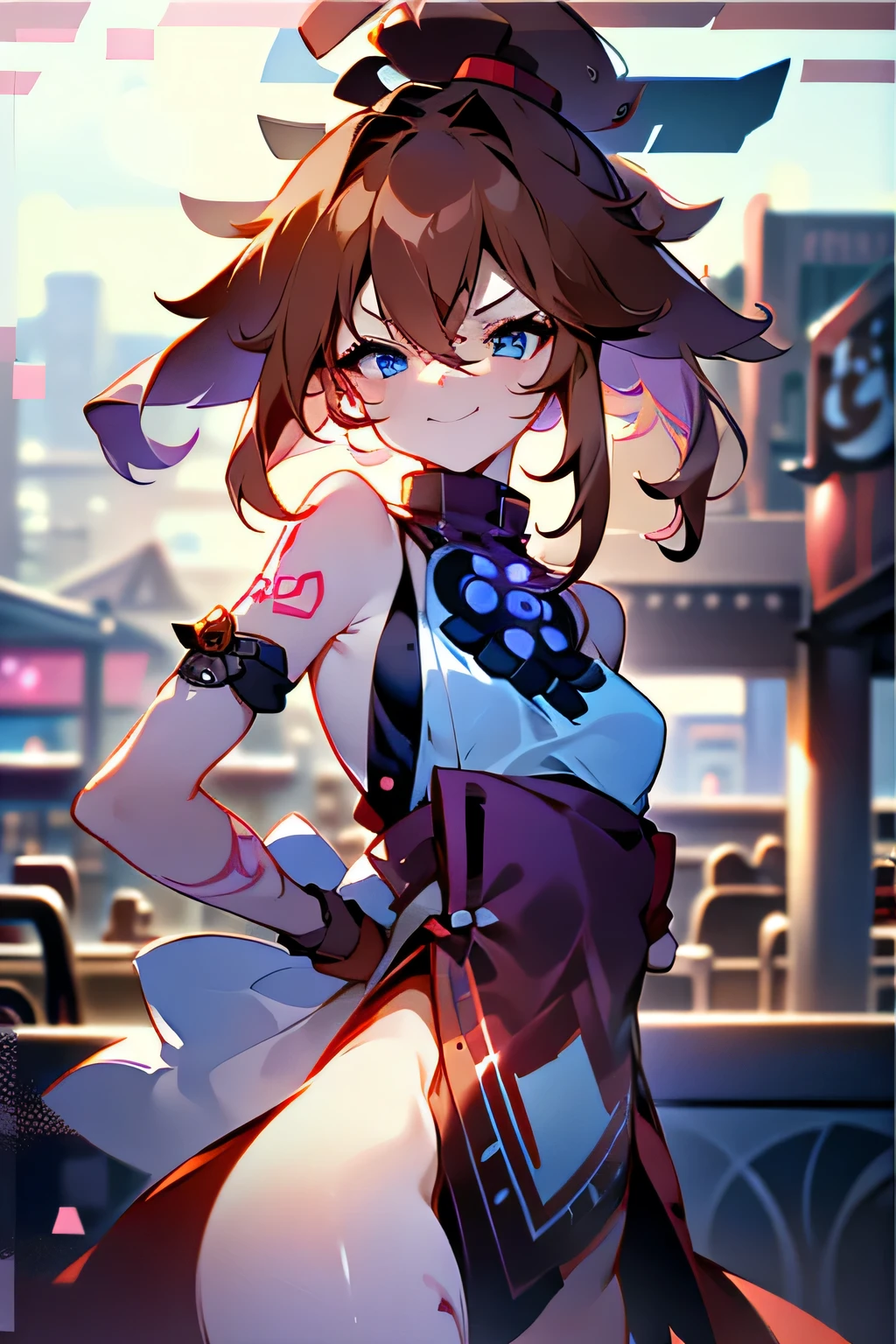 cyber punk、１girl、small breasts、brown hair、blue eyes、ponytail、Ahoge、glare、Tattoos under the eyes、smile、intense joy on the face、put your hands behind your back、Tattoo around the belly button、cowboy shot、Morning Cafe Terrace、background bokeh, written boundary depth