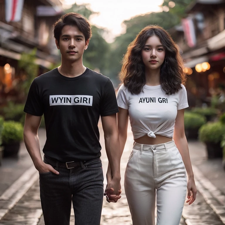 RAW, photorealistic. Two romantic couples, handsome Indonesian man, short hair, black t-shirt that says "WYN GIRI", beautiful Thai woman, wavy hair, white t-shirt that says, "AYUNI GIRI", pressed body trousers, walking forward, holding hands, very realistic , in a park area, in the city of Denpasar, intricate details, cinematic lighting, sharp focus.