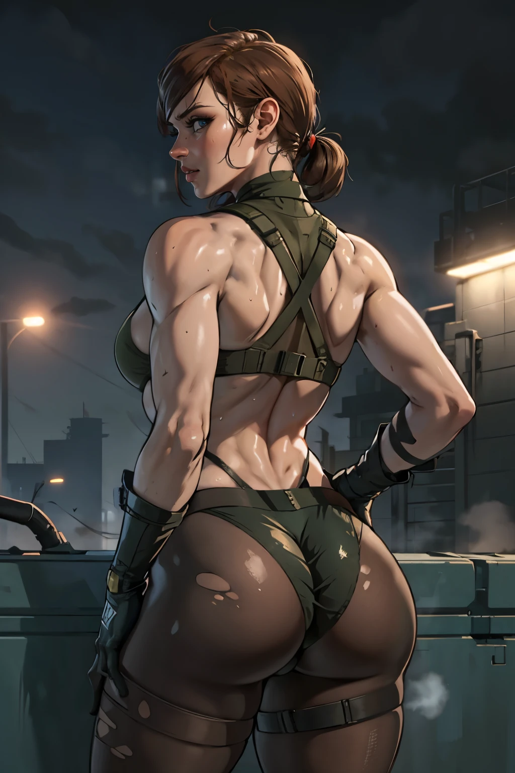 digital art, MGS V Quiet, masterpiece, best quality, sexy pose, (ripped pantyhose), at night military base, sweaty, shot from back, looking at viewer, (bends over)