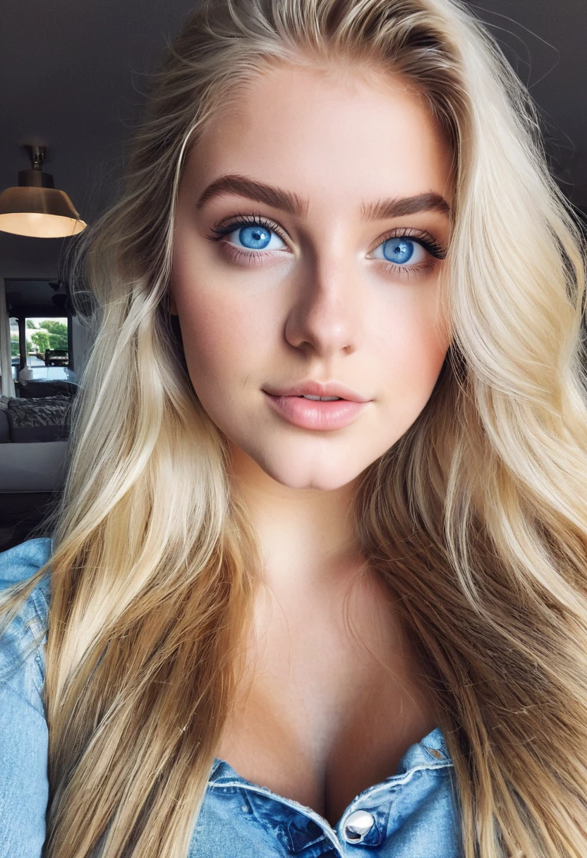 lauren budd, iphone pro  selfie, 20 years old female, extremely beautiful, skandinavian, natural blue eyes, long blonde hair, realistic, curvy body, cleavage, crop top, ripped jeans shorts