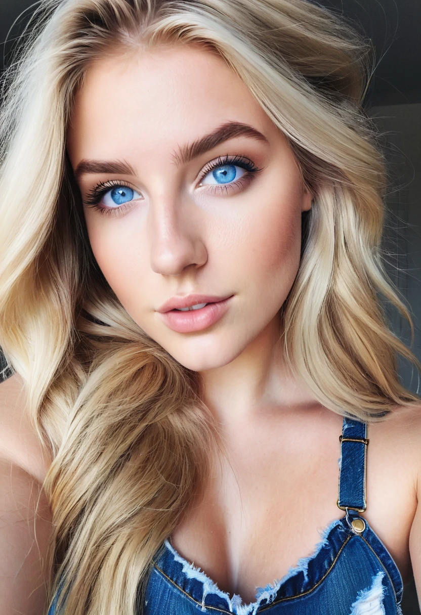 lauren budd, iphone pro  selfie, 20 years old female, extremely beautiful, skandinavian, natural blue eyes, long blonde hair, realistic, curvy body, cleavage, crop top, ripped jeans shorts