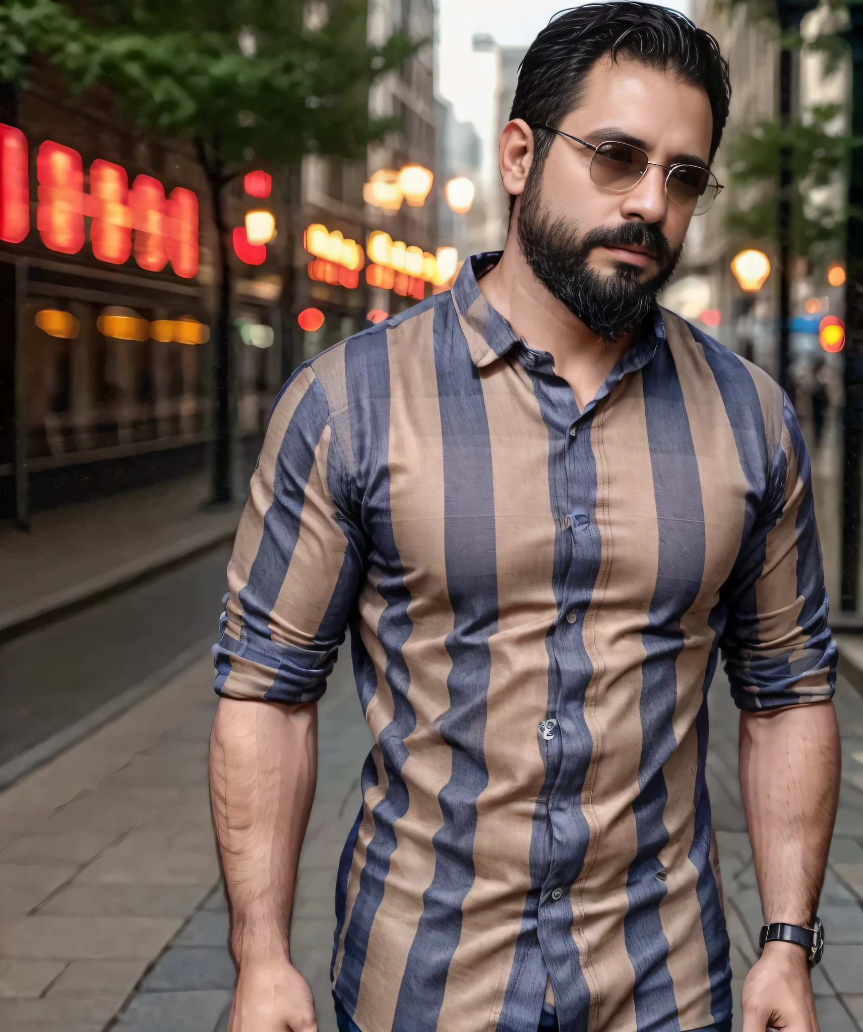 (best quality,4k,8k,highres,masterpiece:1.2), ultra-detailed, realistic:1.37, HDR, studio lighting, professional, vivid colors, bokeh, portraits, man in his late 30s, bearded, wearing sunglasses, wearing formal attire with checkered shirt, walking on the street.