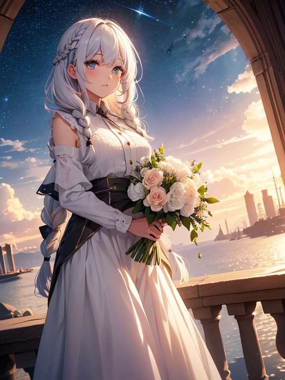 ((worst quality, low-quality)), Super delicate, ​masterpiece, ((With the majestic cathedral in the background):1.4)), ((sparkling moonlight, the blue moon)), (light Particle, light glow, llight rays:1.4), ((garl,Solo)), (Big breasts), (wedding dress, long  skirt:1.2), (Long silver hair), plump shiny lips, Beautiful clear eyes, Spoken Heart,  Hair and skirt fluttering in the wind, (((perfect hand))), (((Have a big bunch of beautiful colorful flowers in one))), composition of reflection, masutepiece,Best Quality,ultra-detailliert,
